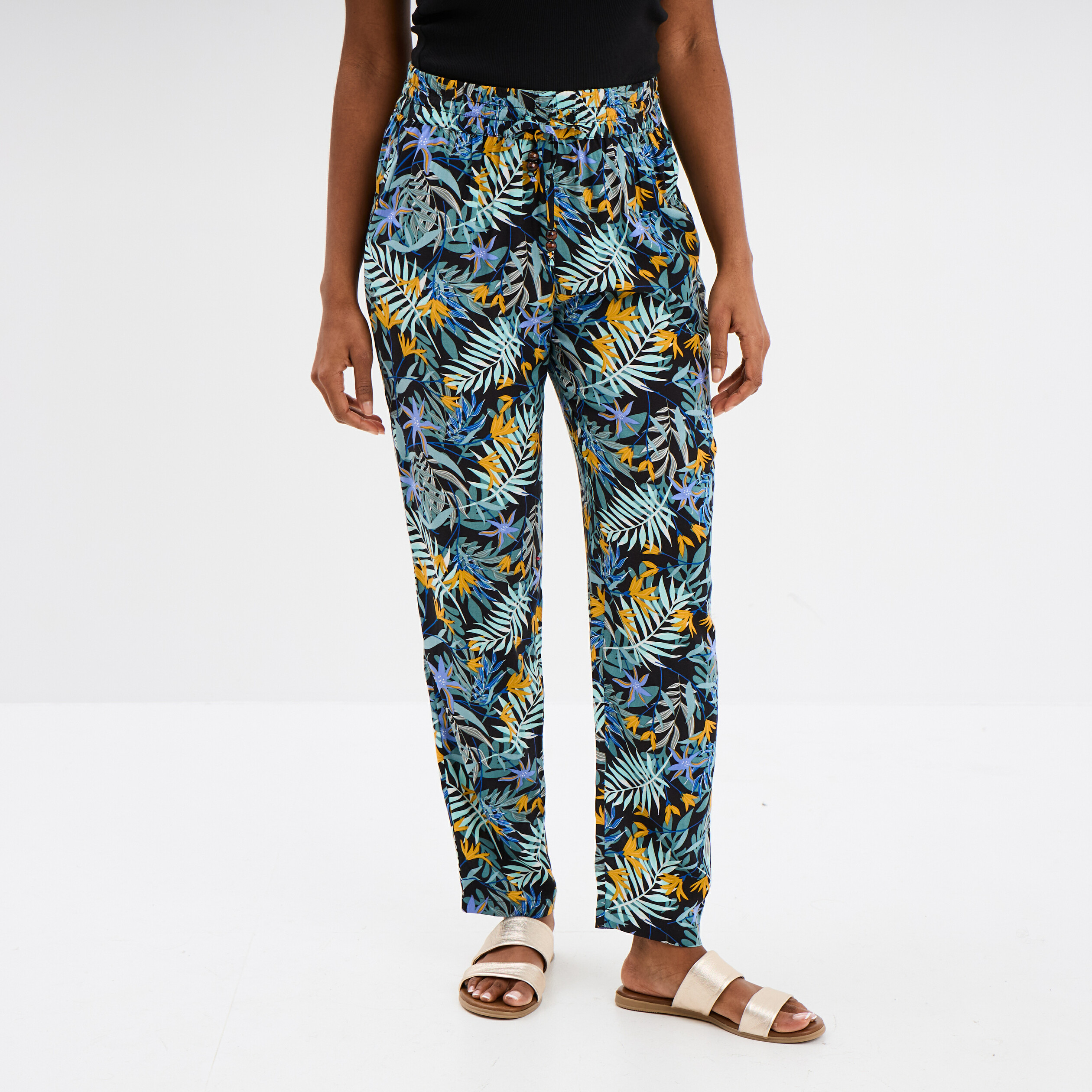 Pantalon cigarette fluide &agrave; ceinture noir femme