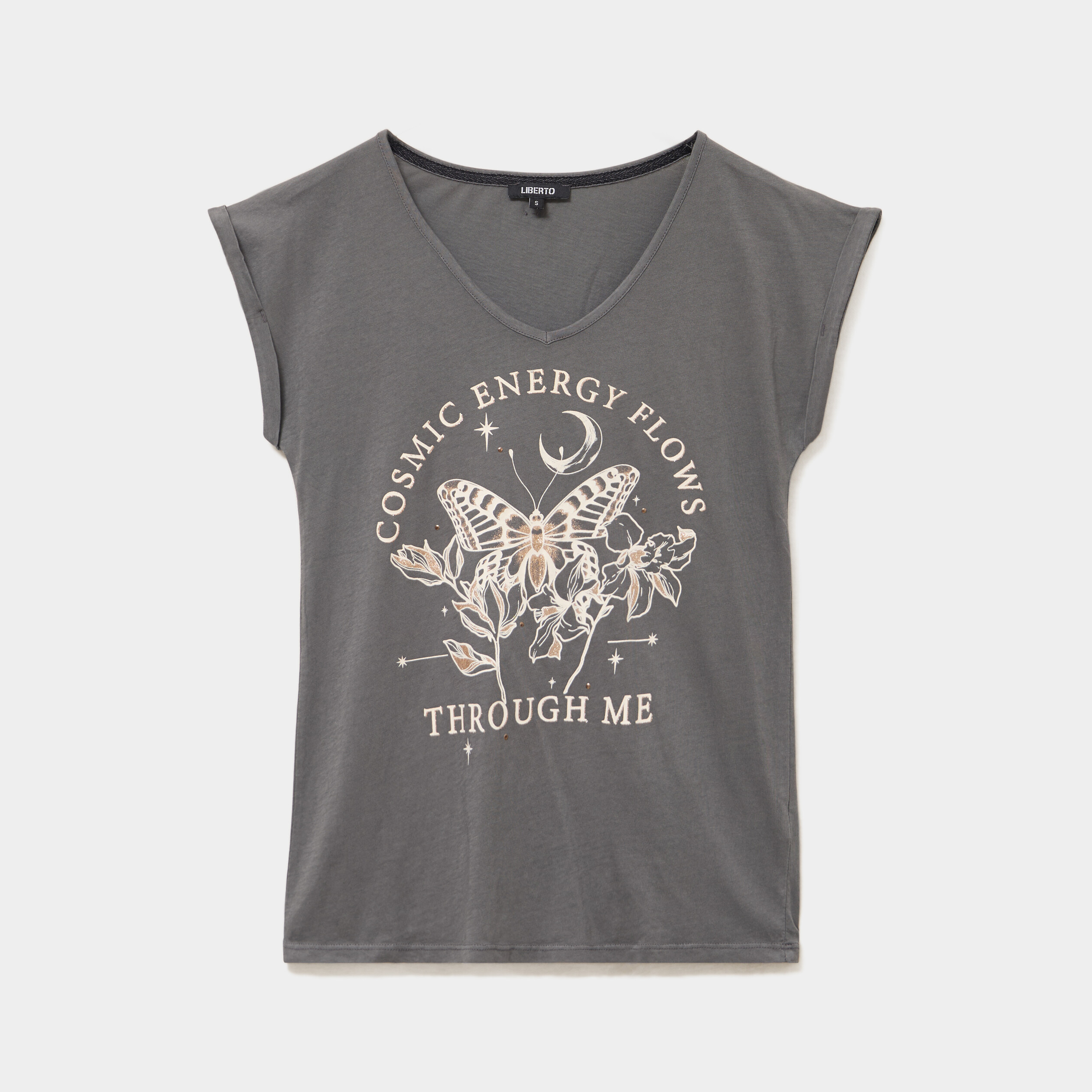T-shirt coton col en V manches courtes gris anthracite femme