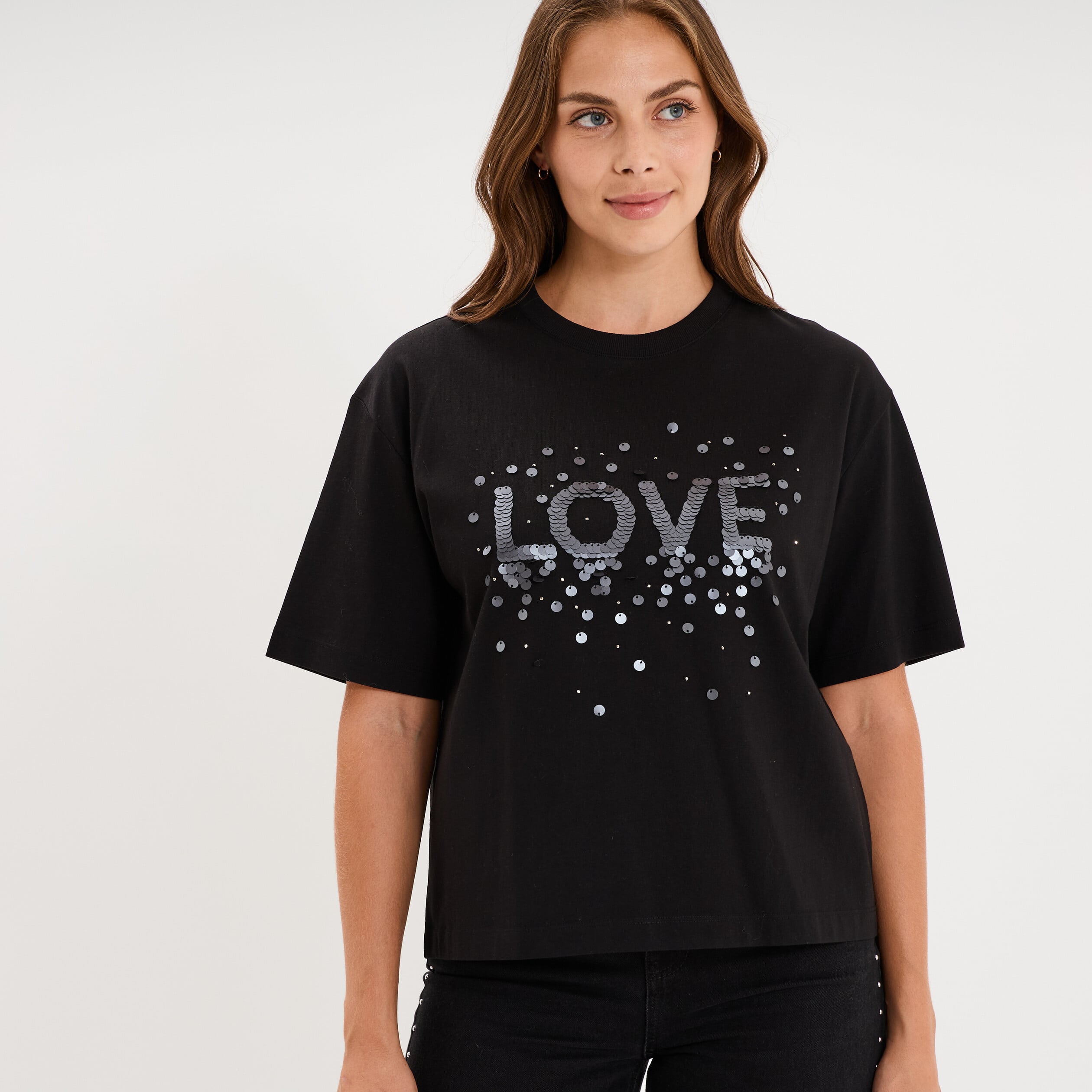 T-shirt oversize &agrave; sequins coton noir femme