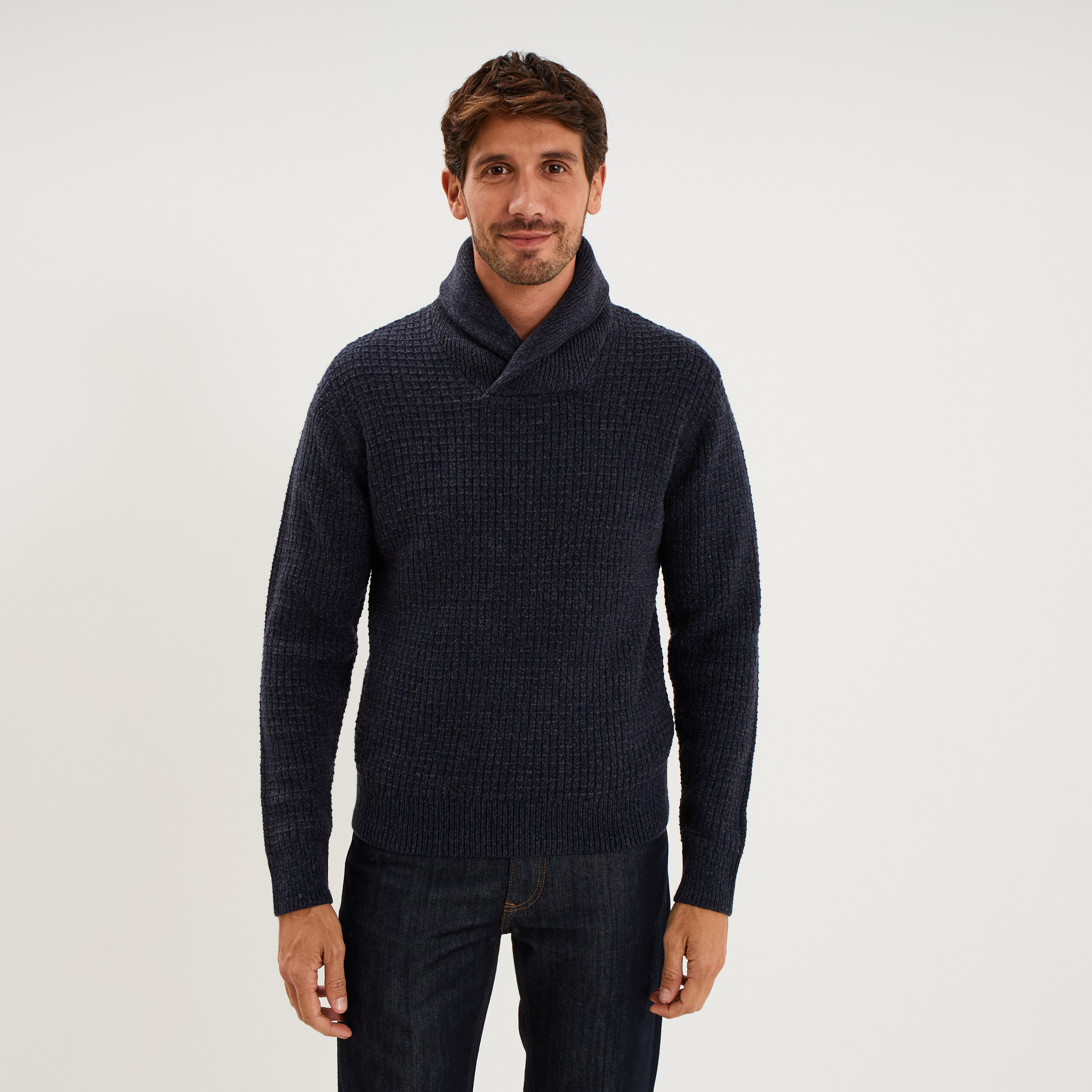 Pull col ch&acirc;le manches longues bleu marine homme