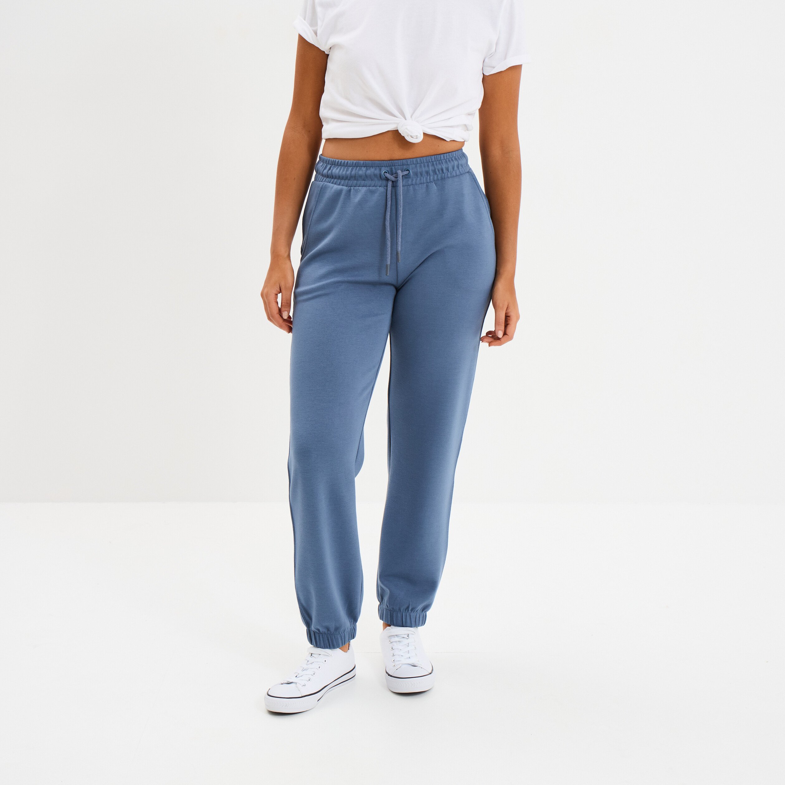 pantalon de jogging large elastique bleu gris femme Pantalon de jogging large élastiqué bleu gris femme