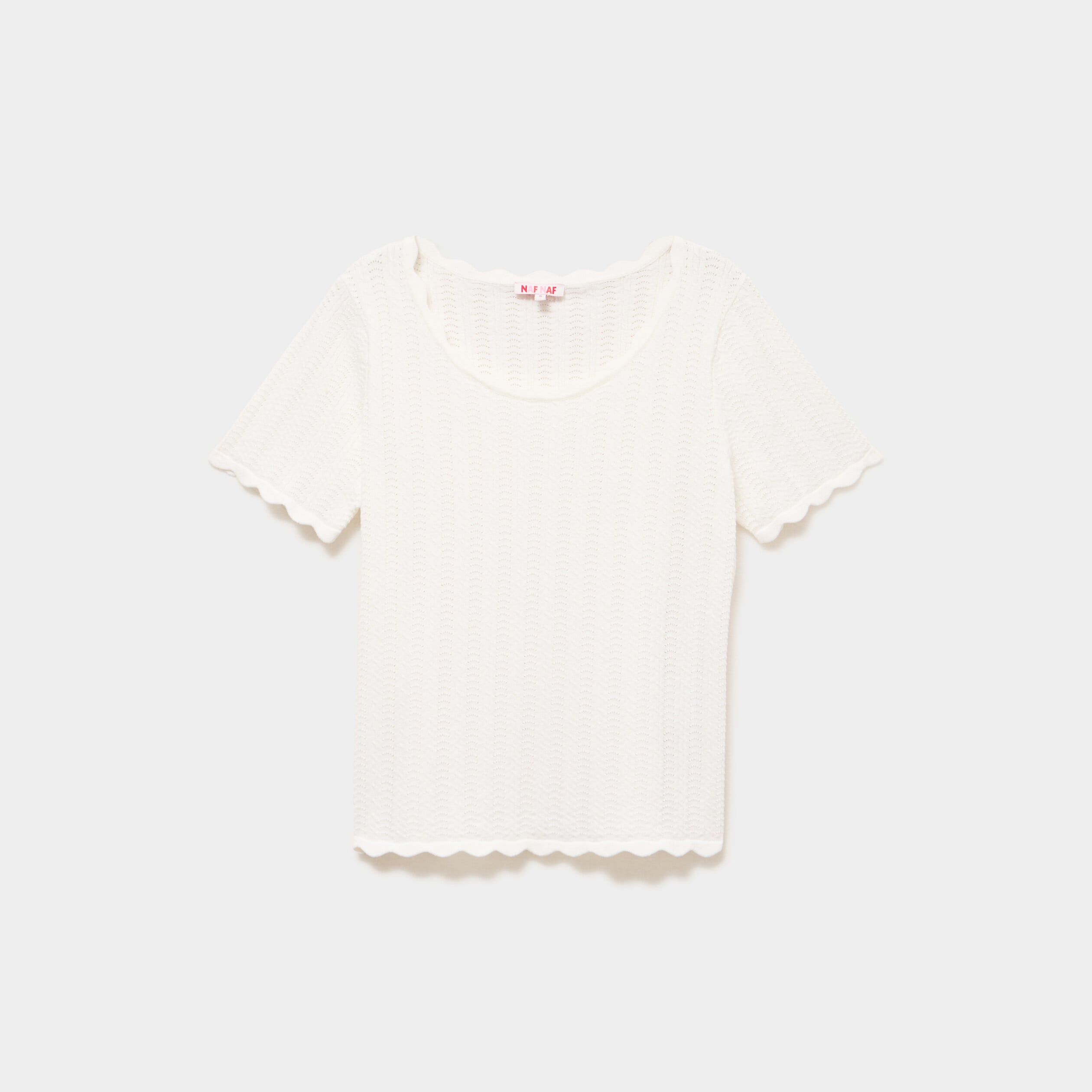 Pull col rond textur&eacute; manches courtes blanc femme