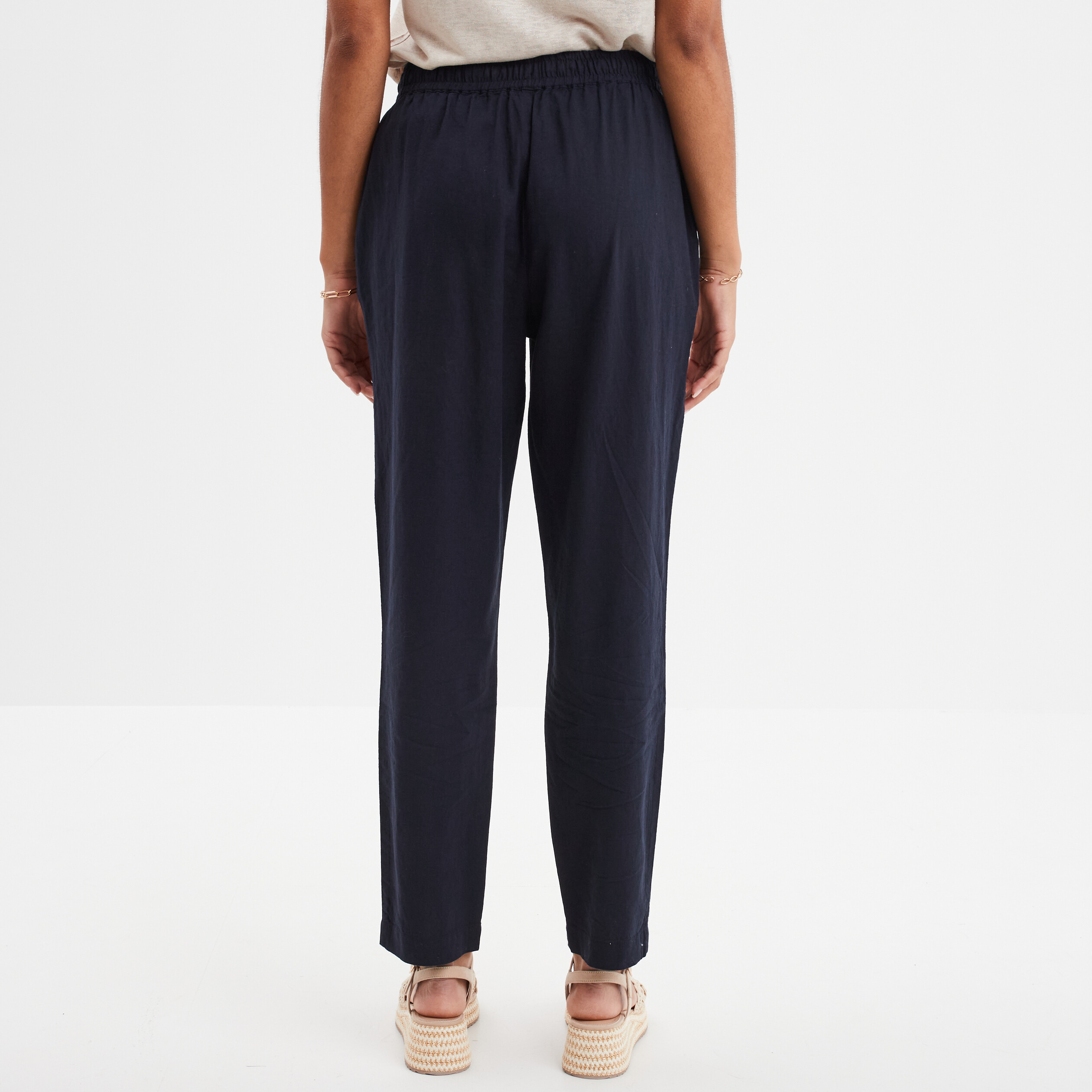Pantalon droit 7/8&egrave;me lin m&eacute;lang&eacute; bleu fonc&eacute; femme