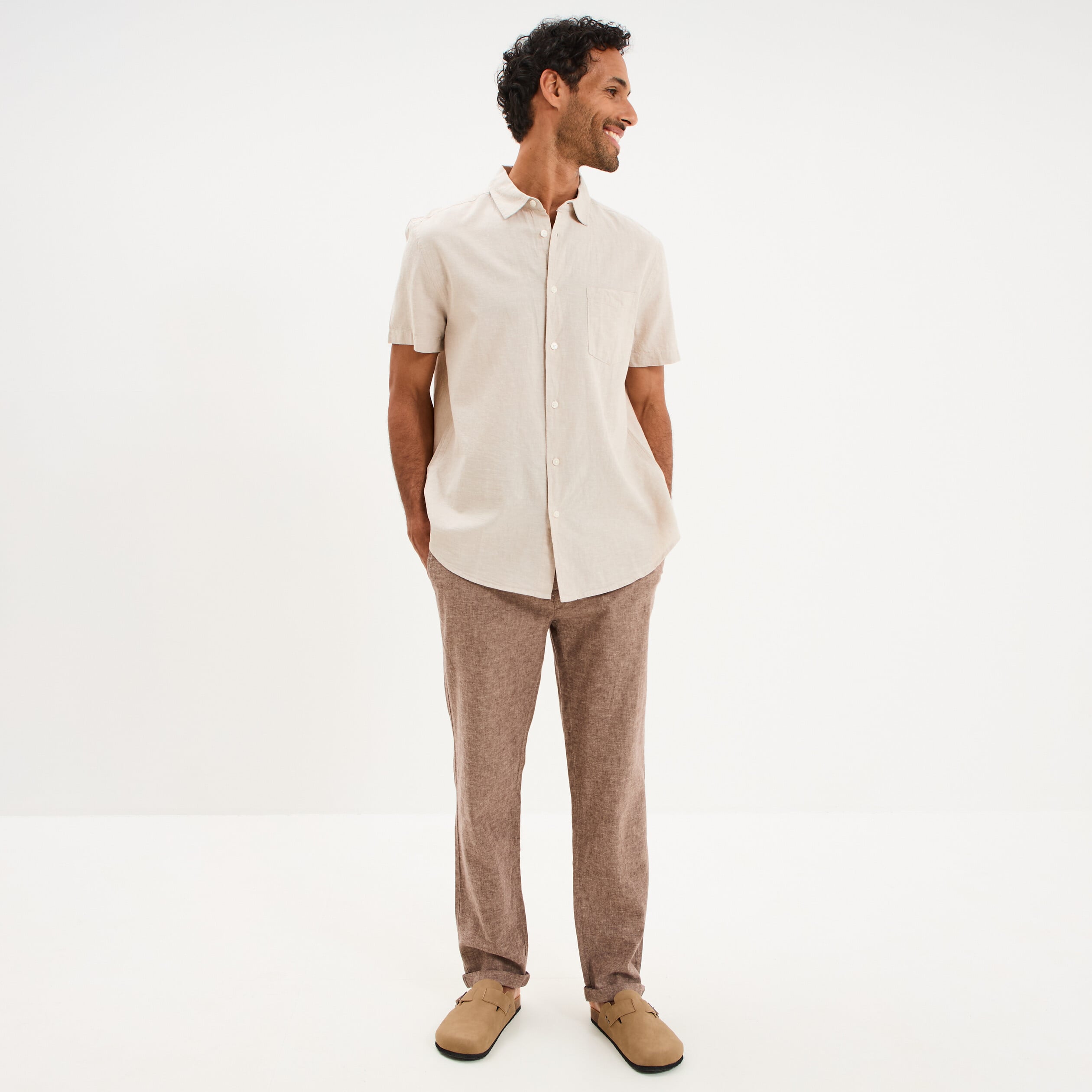Pantalon chino droit lin m&eacute;lang&eacute; marron homme