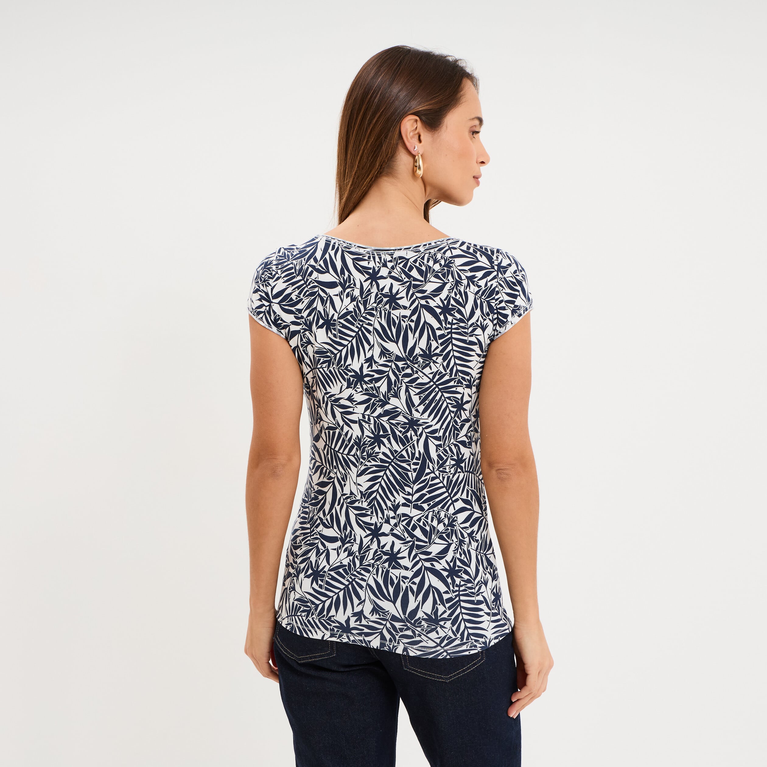 T-shirt col V droit manches courtes ecru femme