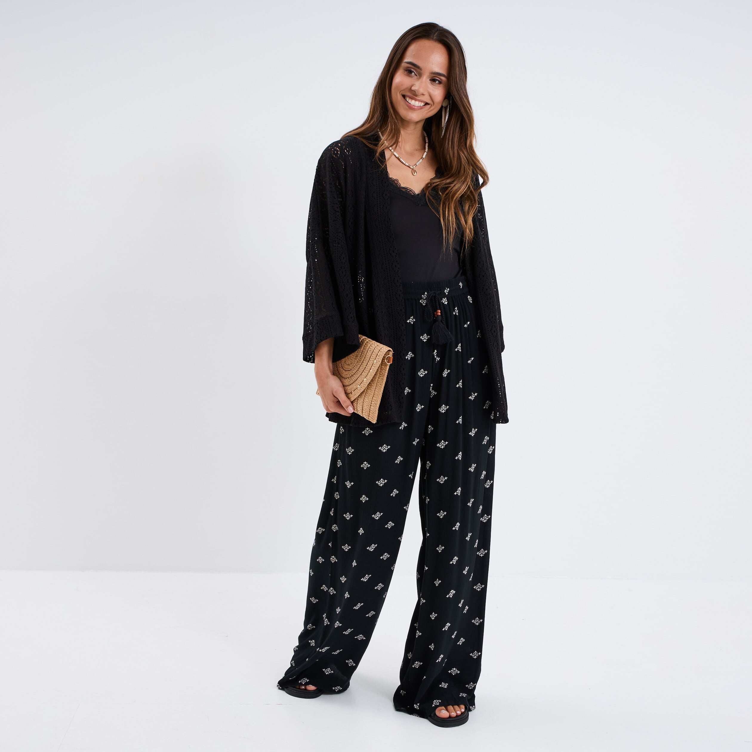 Veste ample esprit kimono dentelle noir femme