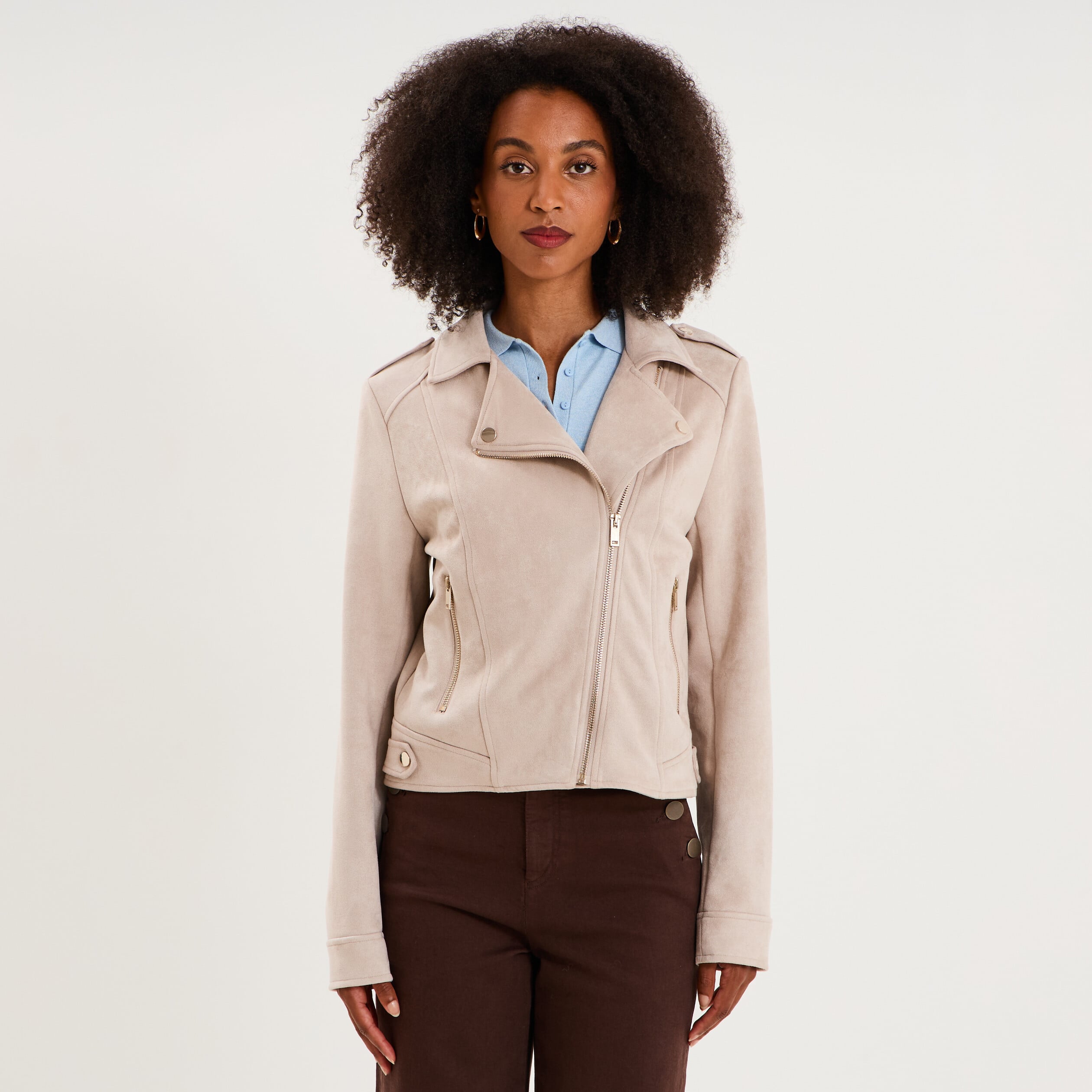 Veste biker en su&eacute;dine ajust&eacute;e beige femme
