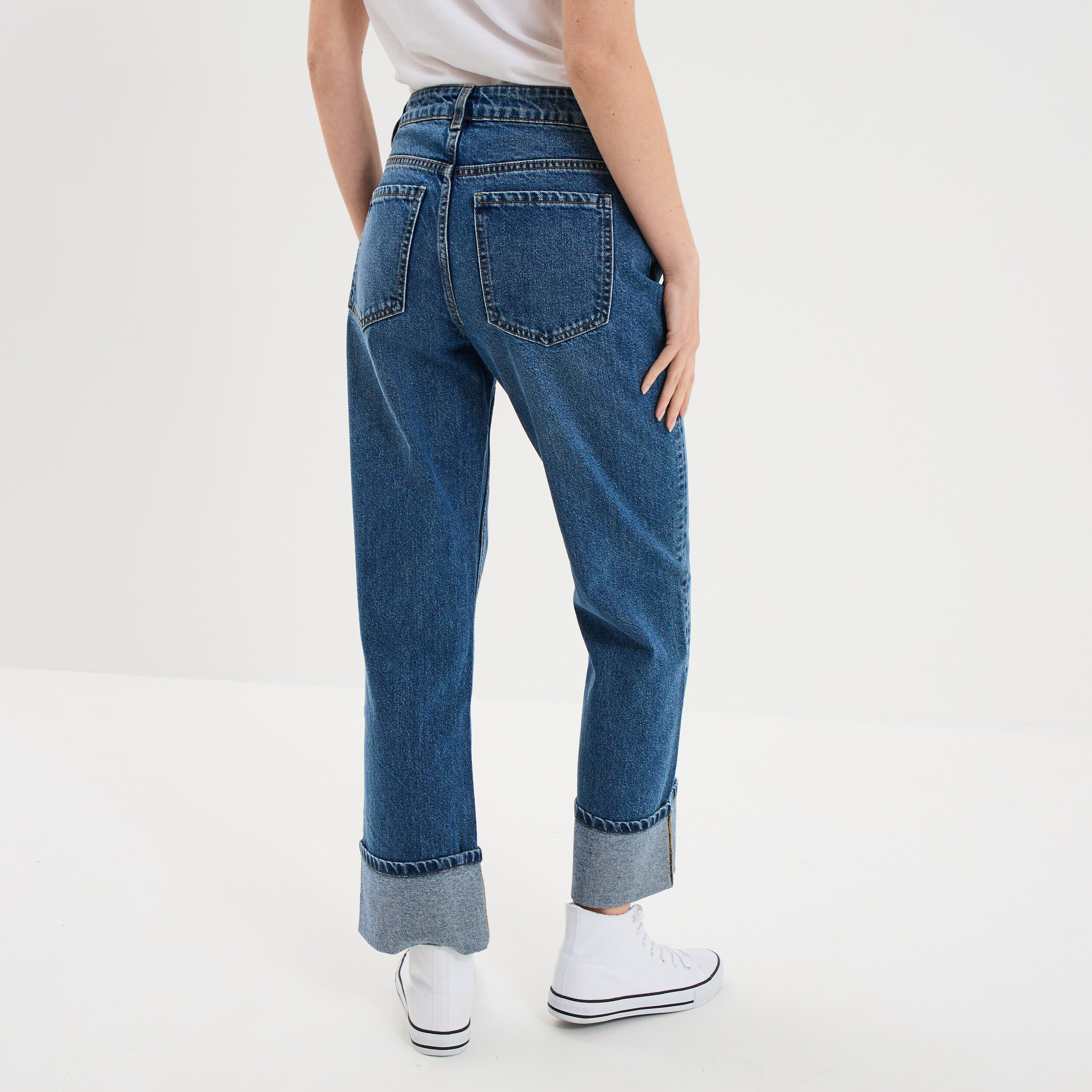 Jean droit cropped bas revers denim stone femme