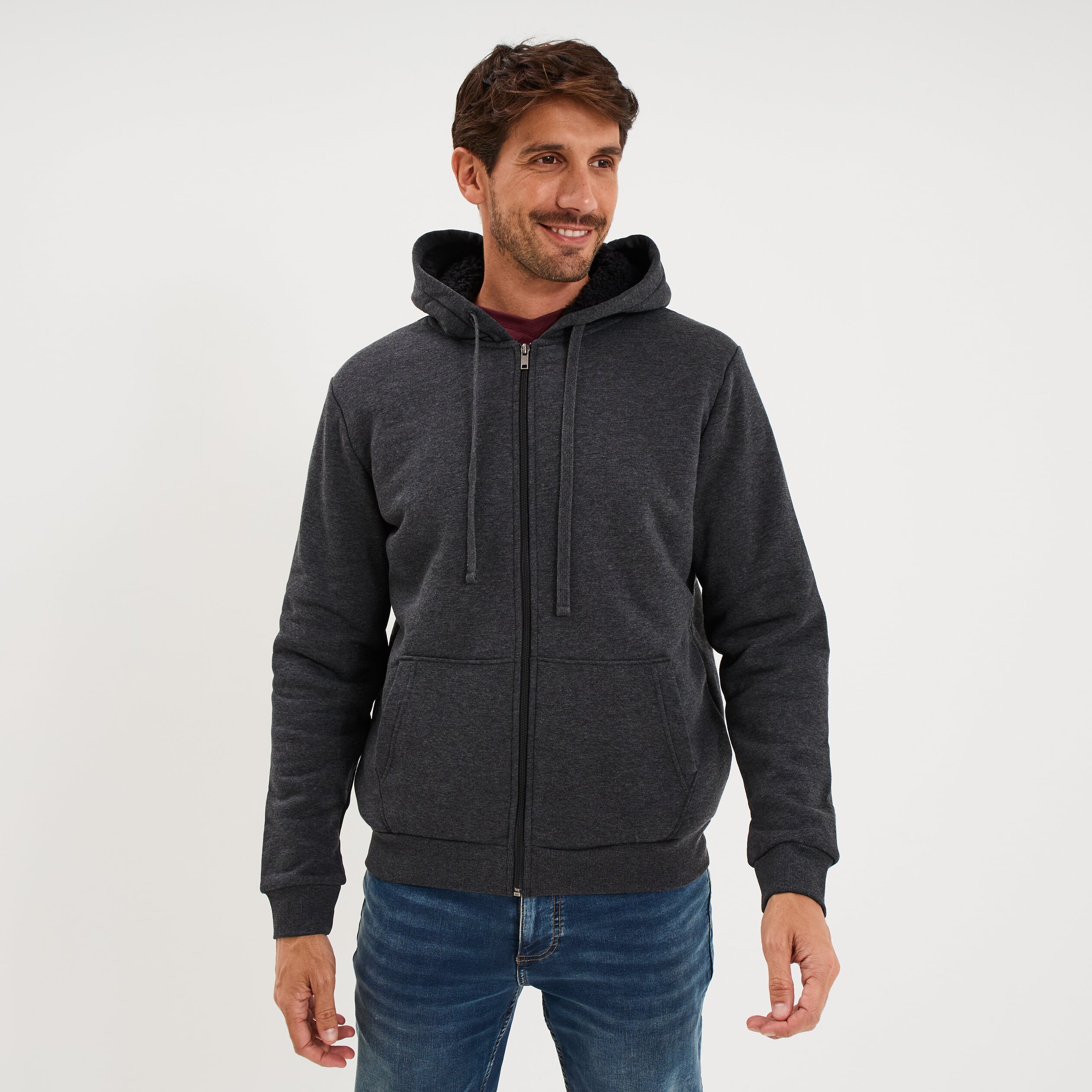 Sweat zipp&eacute; doublure effet sherpa gris fonc&eacute; homme