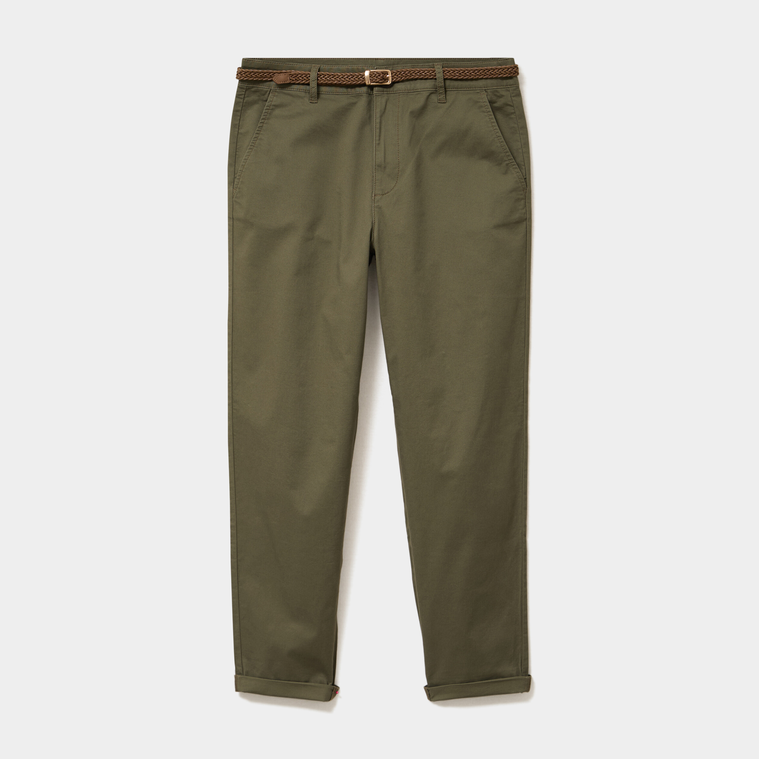 Pantalon chino regular ceinture tress&eacute;e vert kaki femme