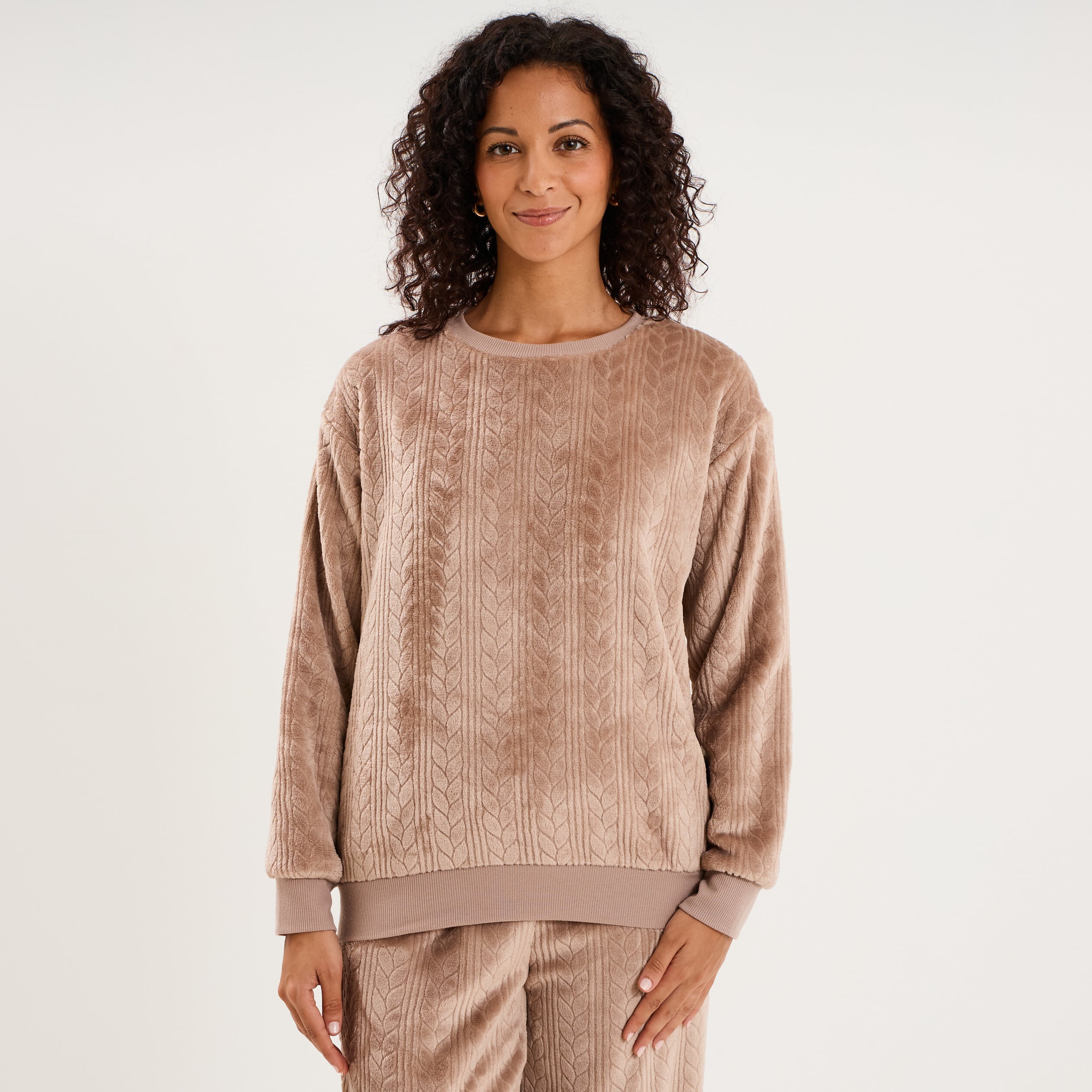 Haut de pyjama sweat polaire torsad&eacute; beige femme