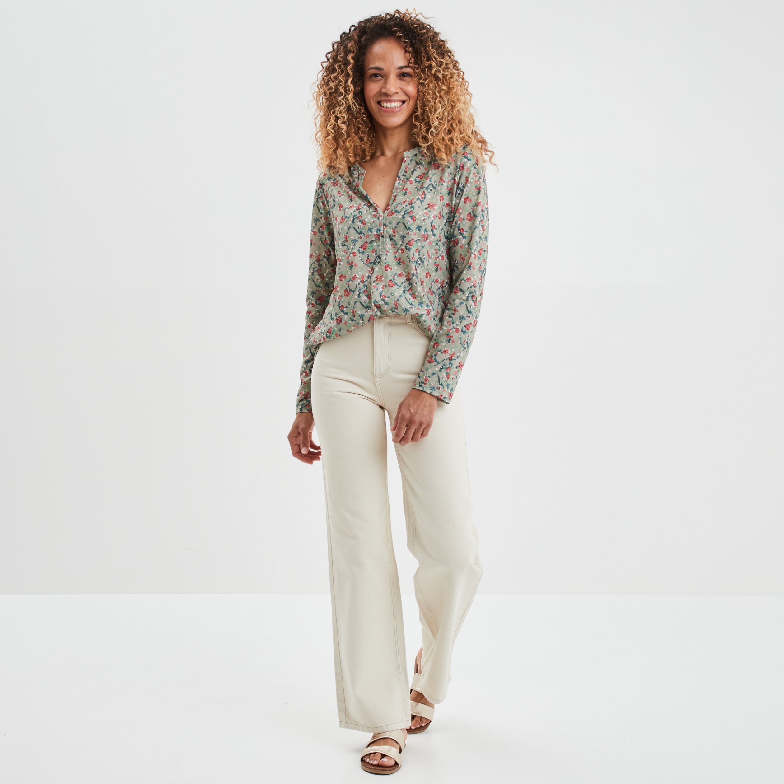 Jeans wide leg taille haute coton ecru femme