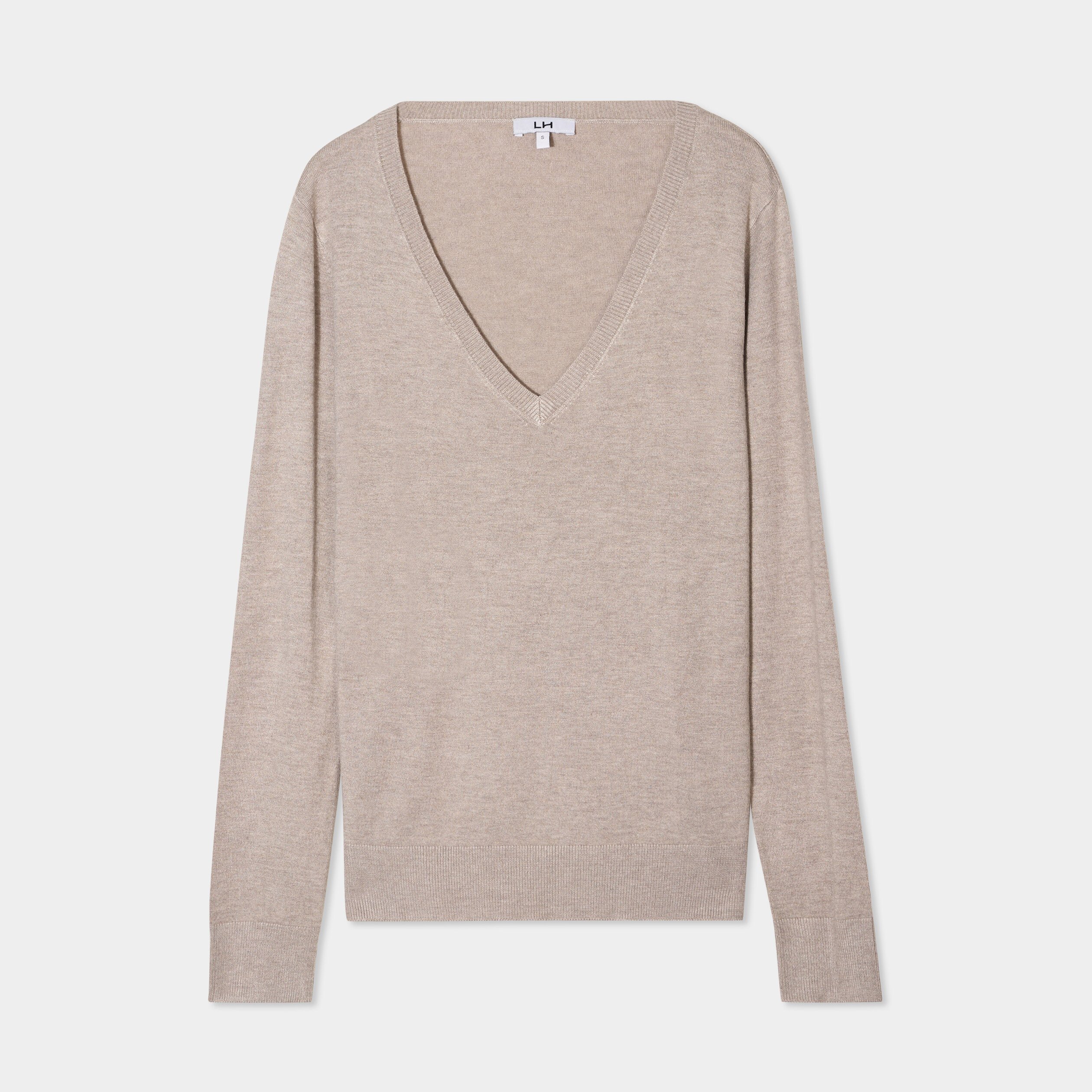 pull col en v manches longues beige femme Pull col en V manches longues beige femme