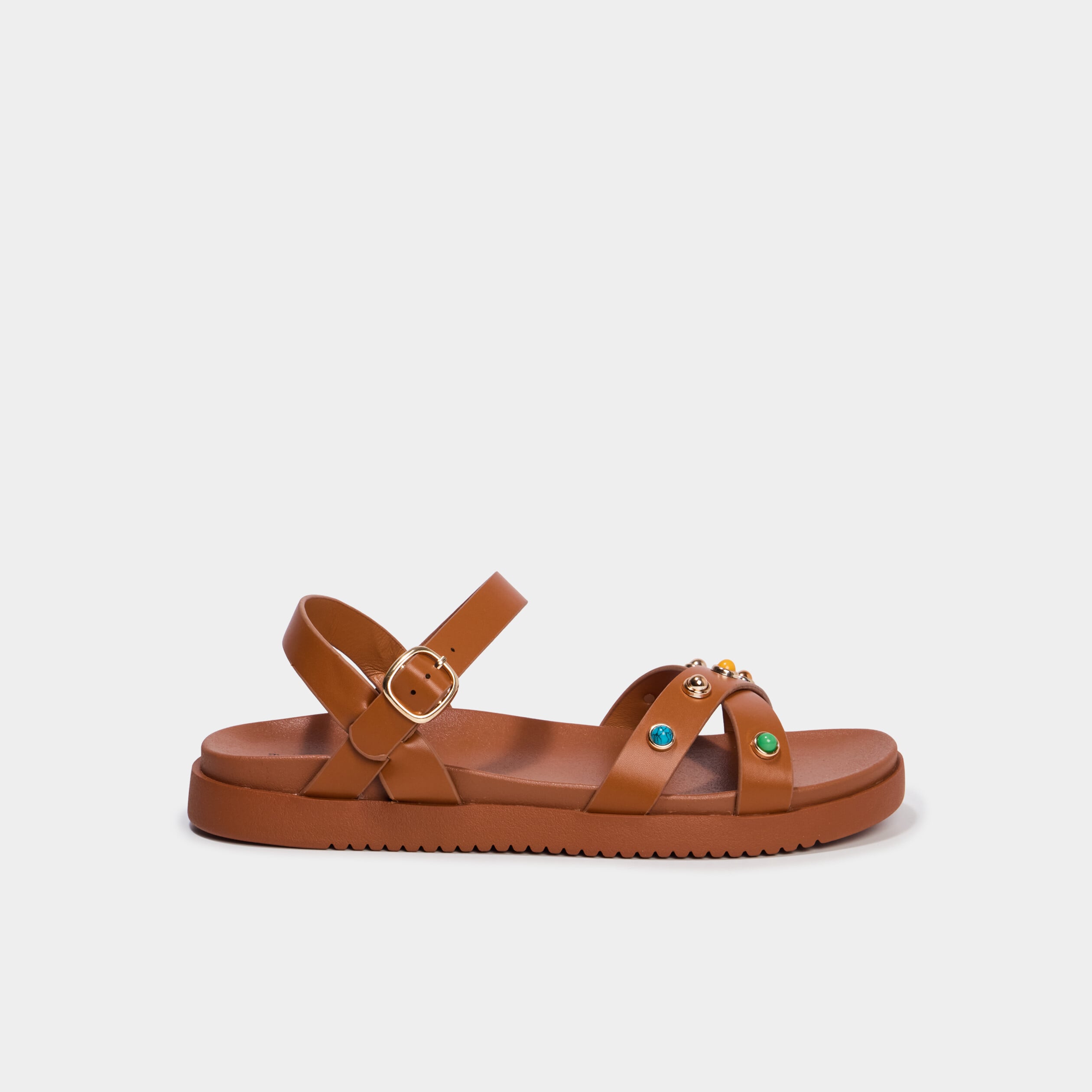 Sandales avec d&eacute;tails clout&eacute;s et perles marron femme