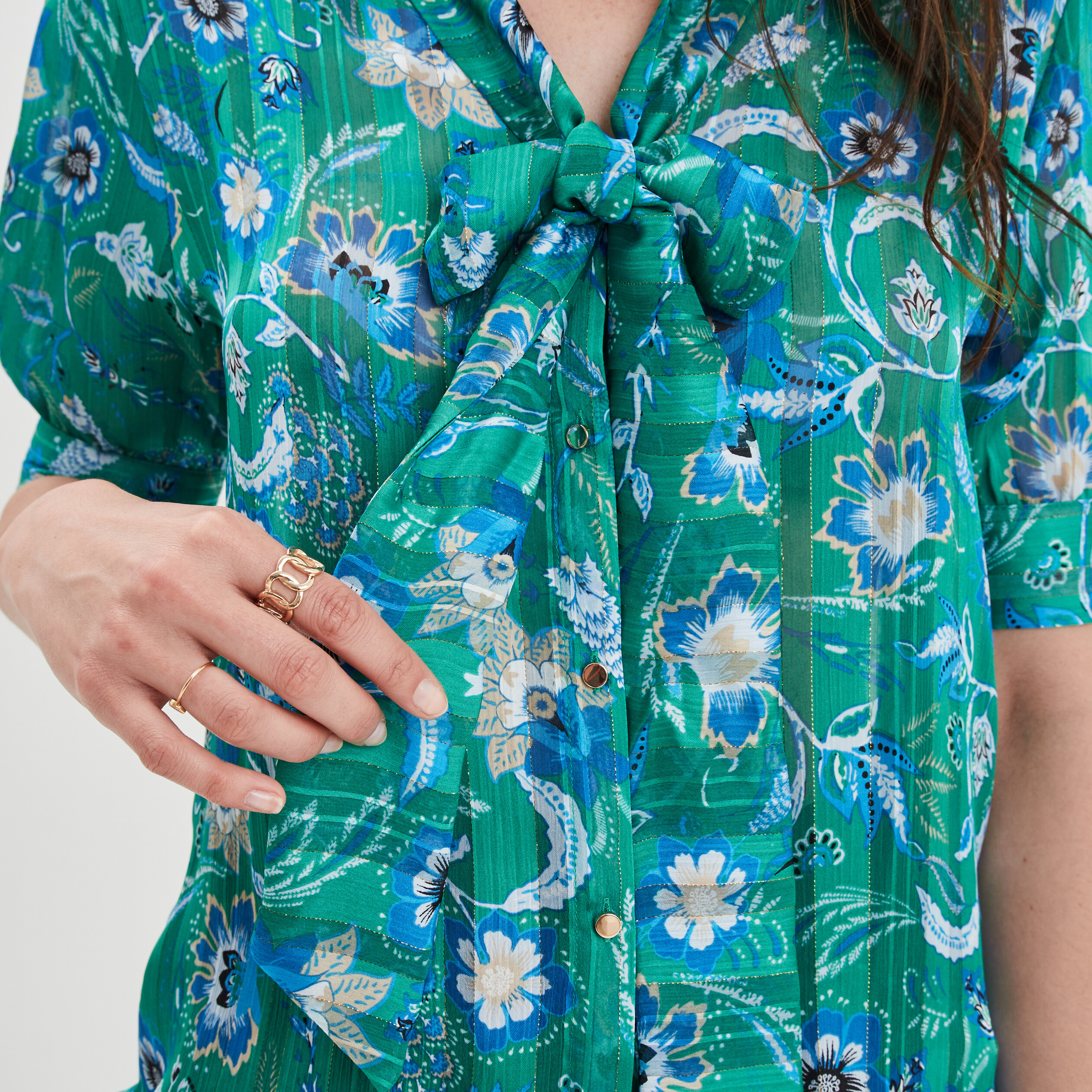 Blouse col lavalière manches courtes vert femme