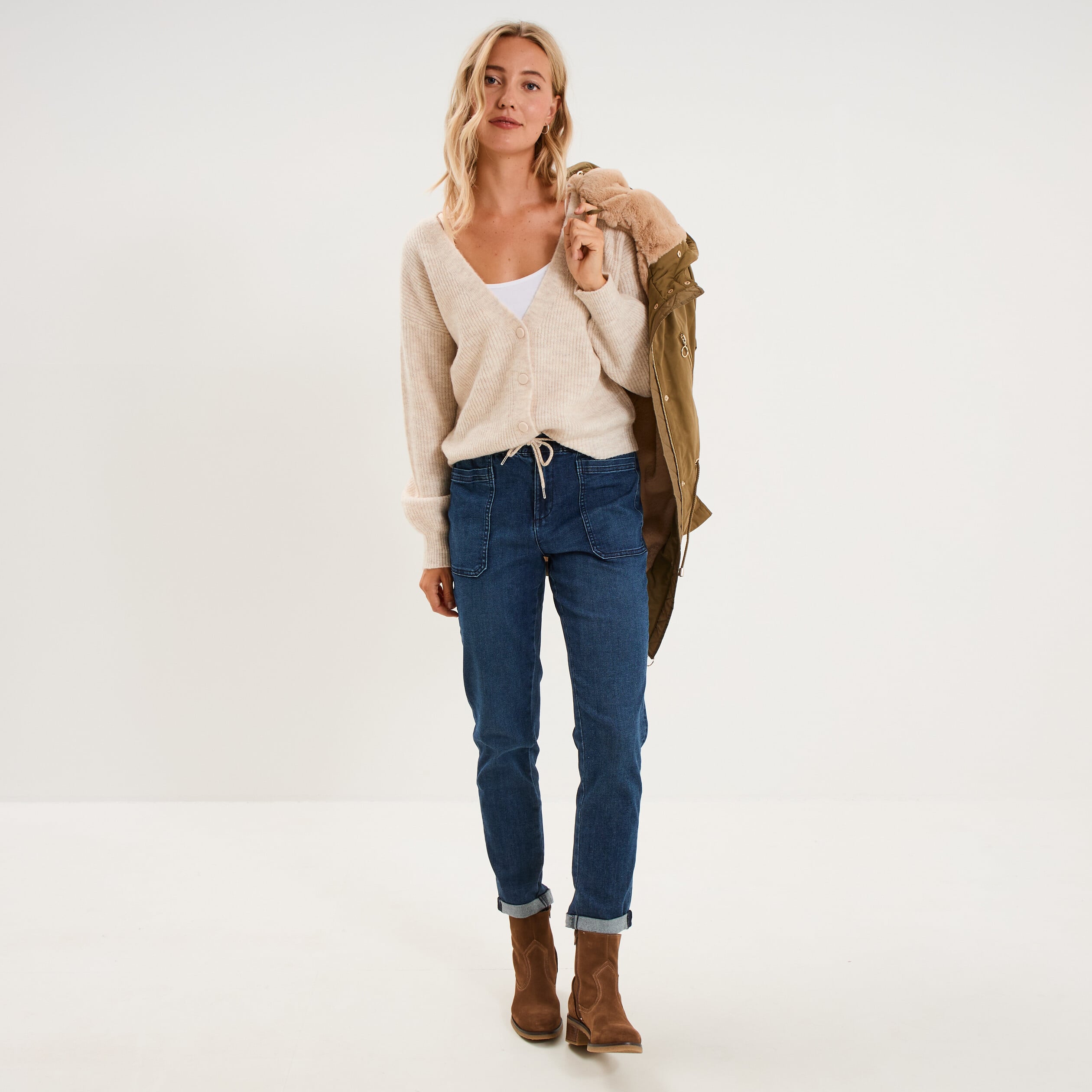 Gilet col en V manches longues ballon ecru femme