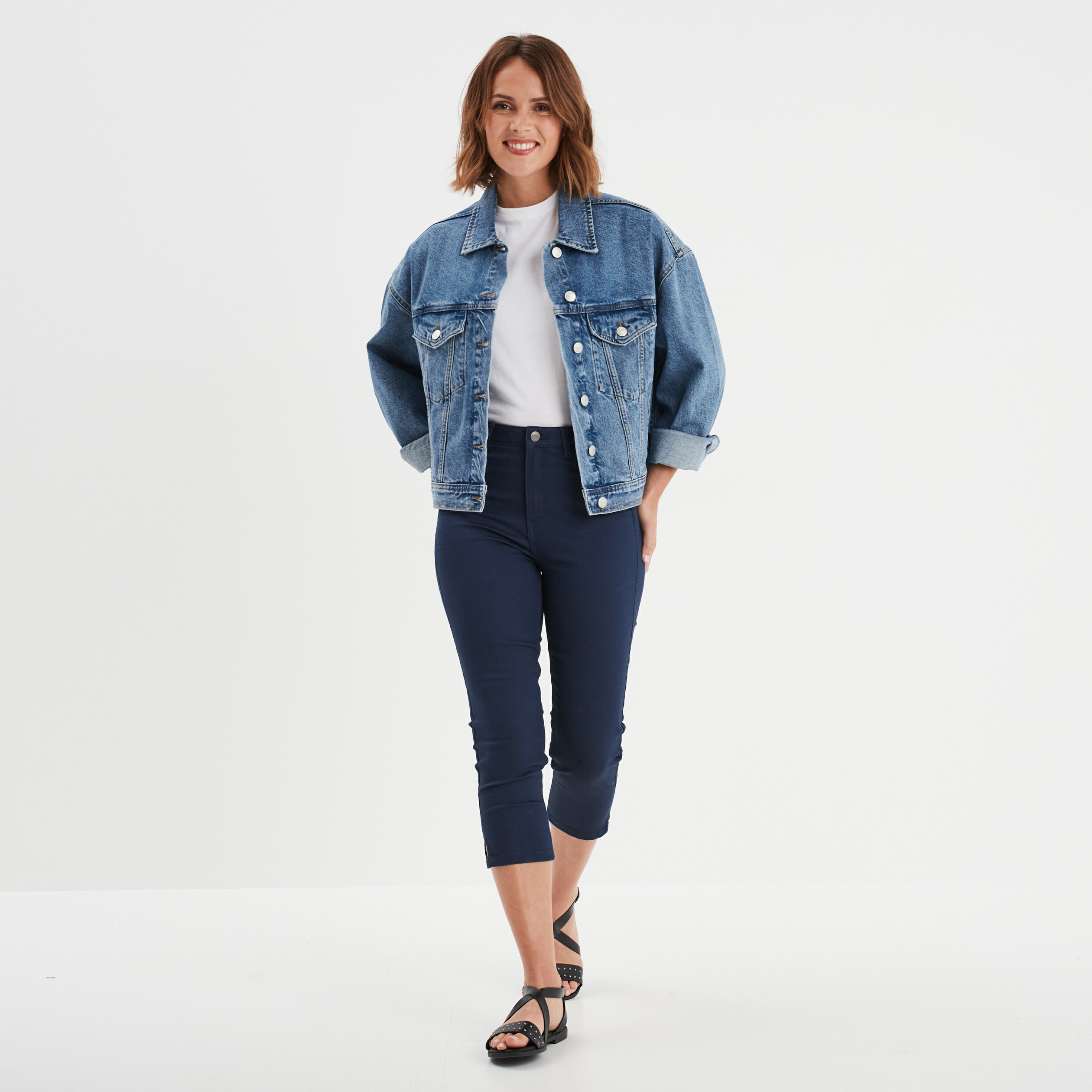 Pantacourt slim 5 poches bleu marine femme