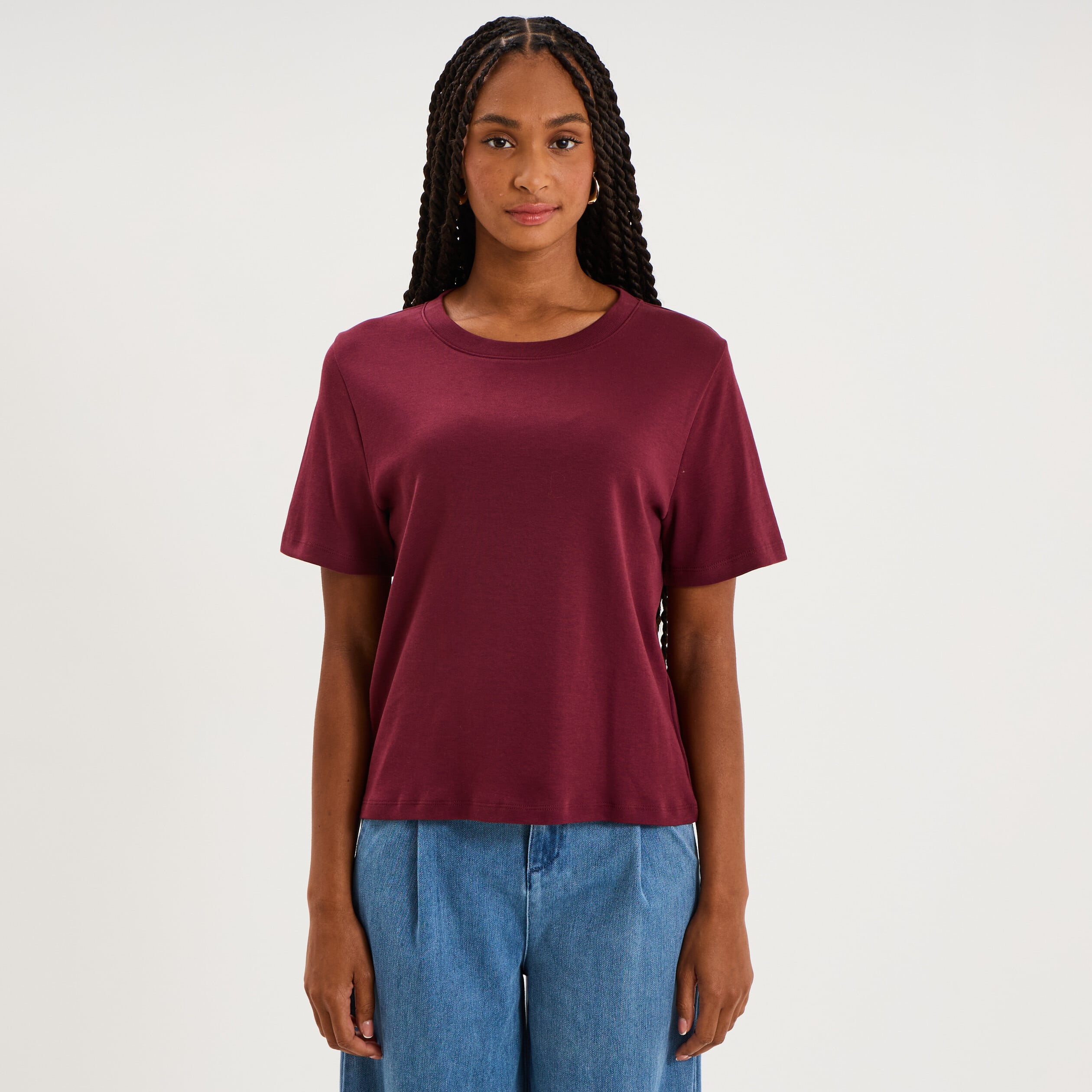 T-shirt manches courtes col rond coton bordeaux femme