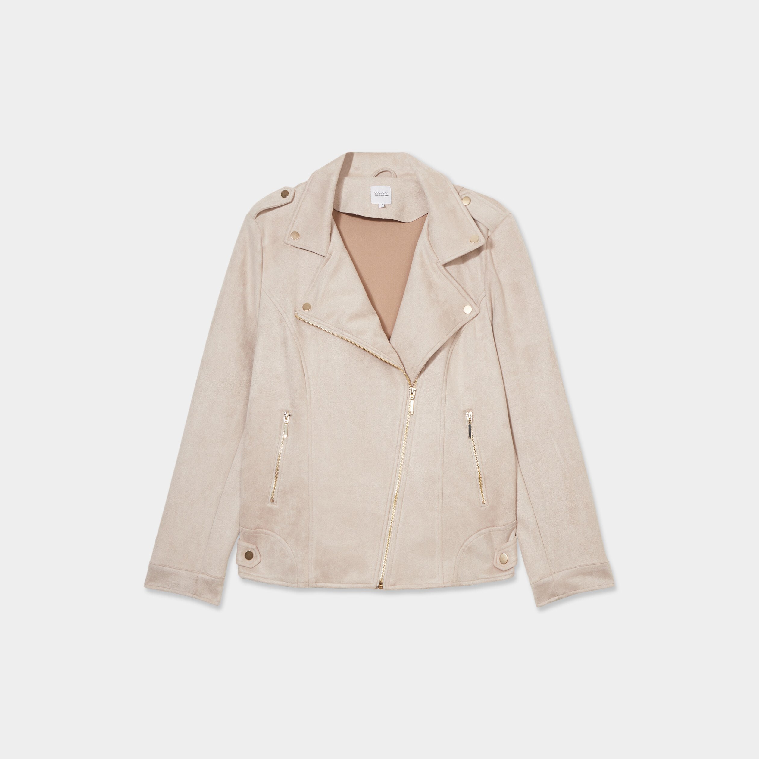 blouson zippe effet suedine style biker beige femmegt Blouson zippé effet suédine style biker beige femme grande taille
