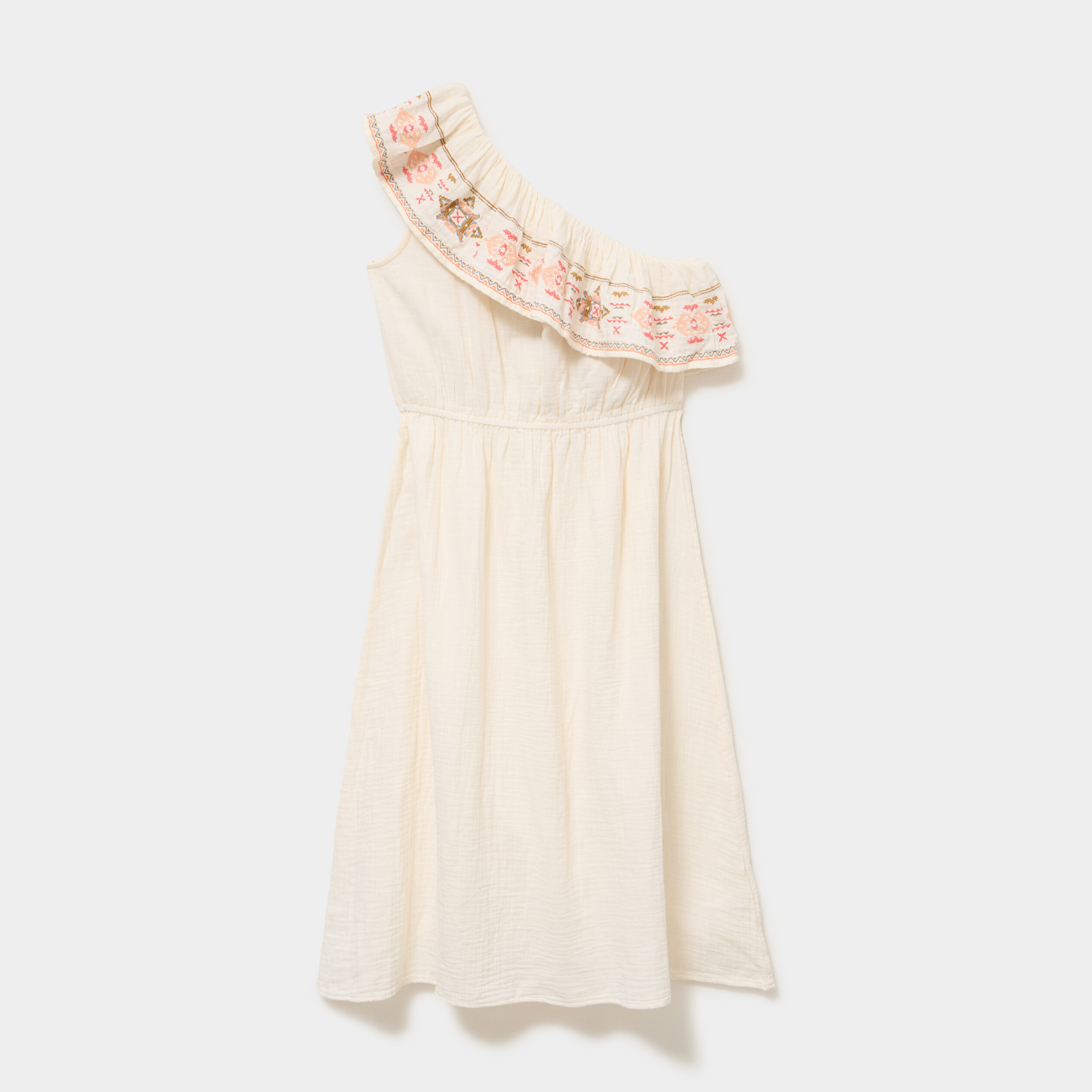 Robe asym&eacute;trique col brod&eacute; gaze de coton creme femme