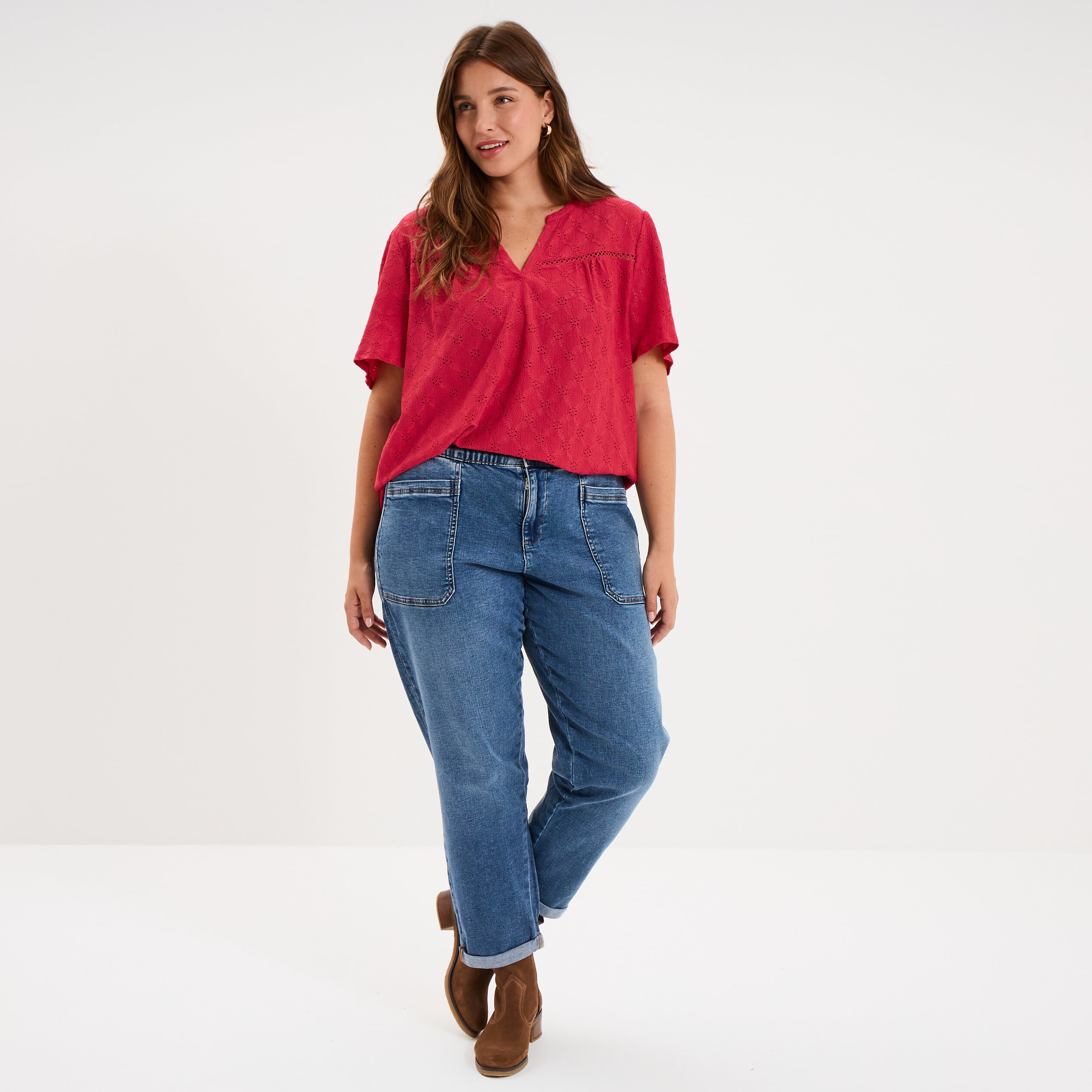 T-shirt broderie anglaise col tunisien rose cerise femme grande taille