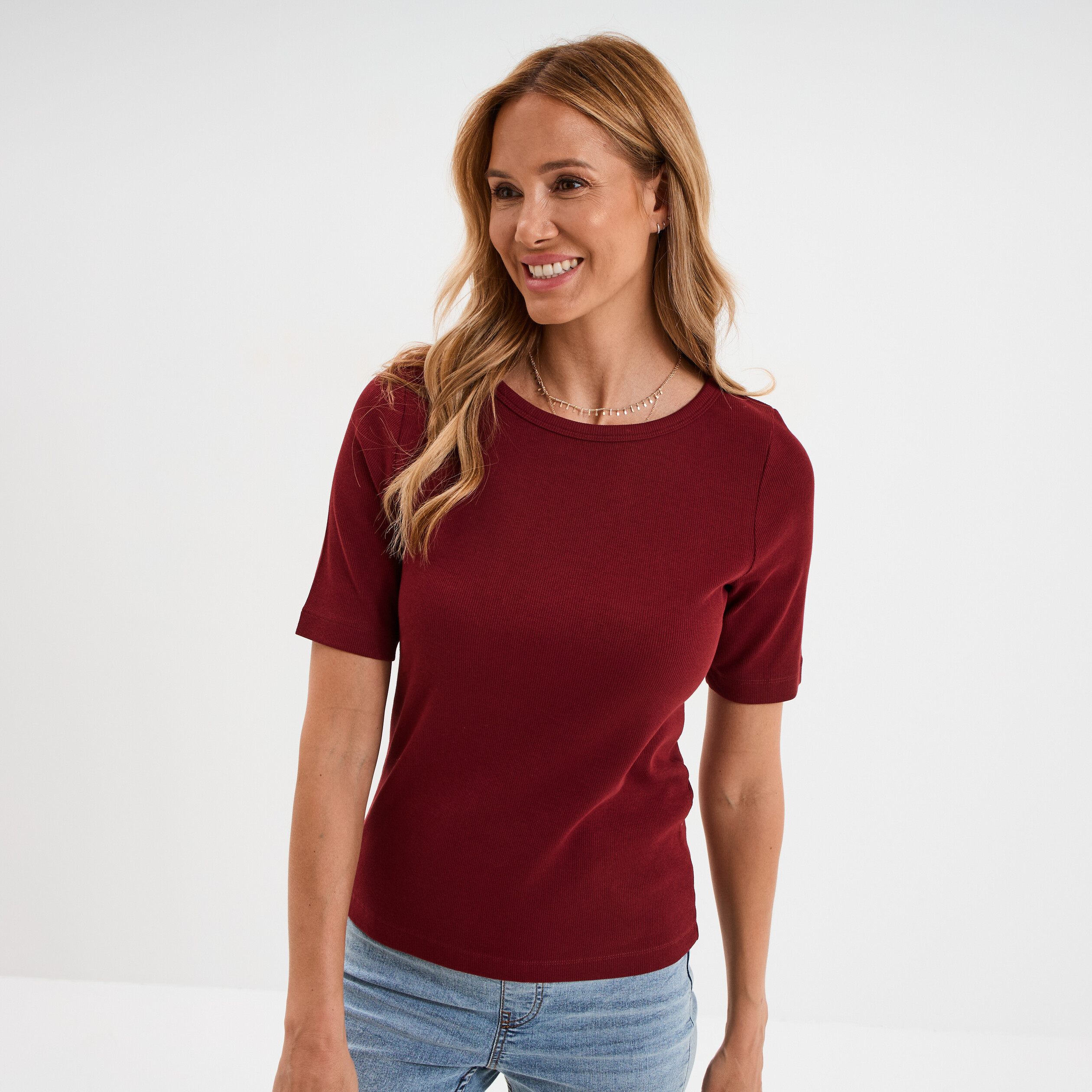 t shirt col rond manches courtes coton bordeaux femme T-shirt col rond manches courtes coton bordeaux femme