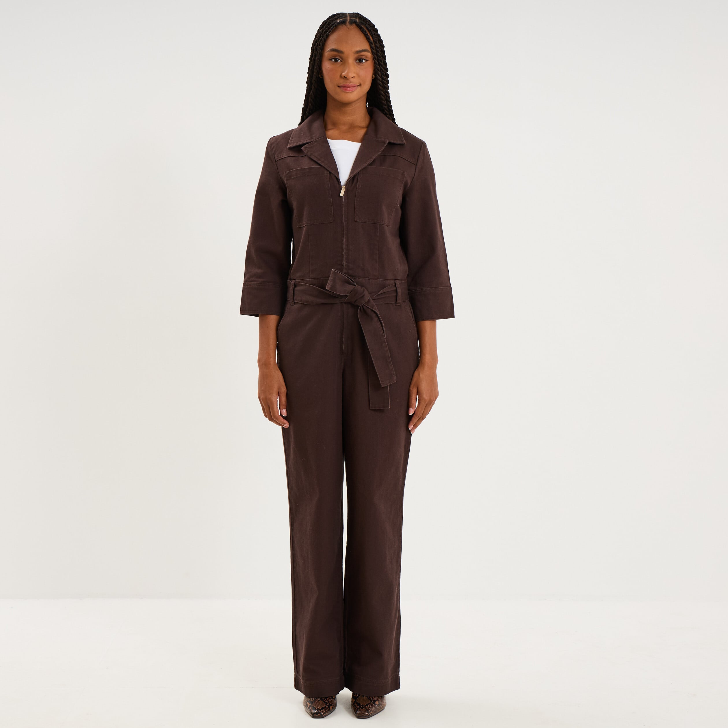 Combinaison pantalon zipp&eacute;e jambe large marron fonc&eacute; femme