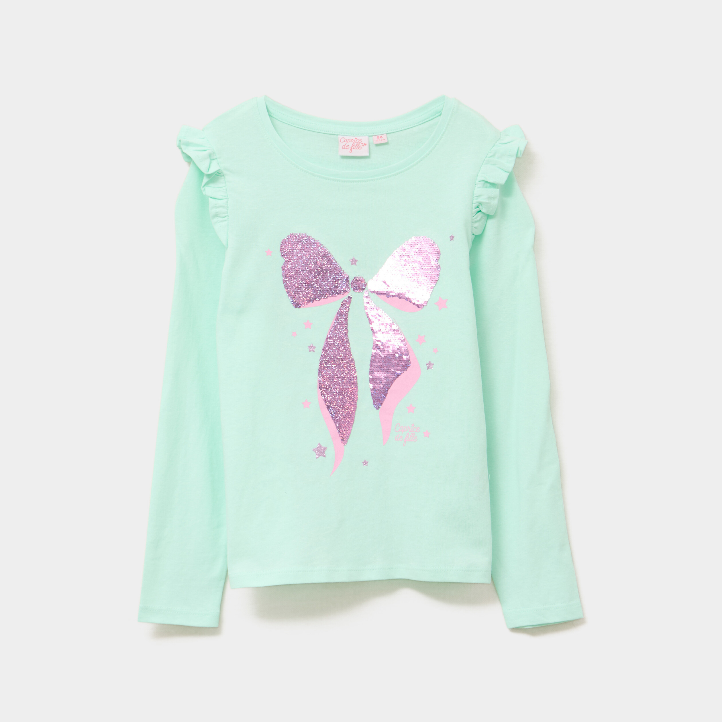 t shirt a manches longues sequins coton vert clair fille T-shirt à manches longues sequins coton vert clair fille