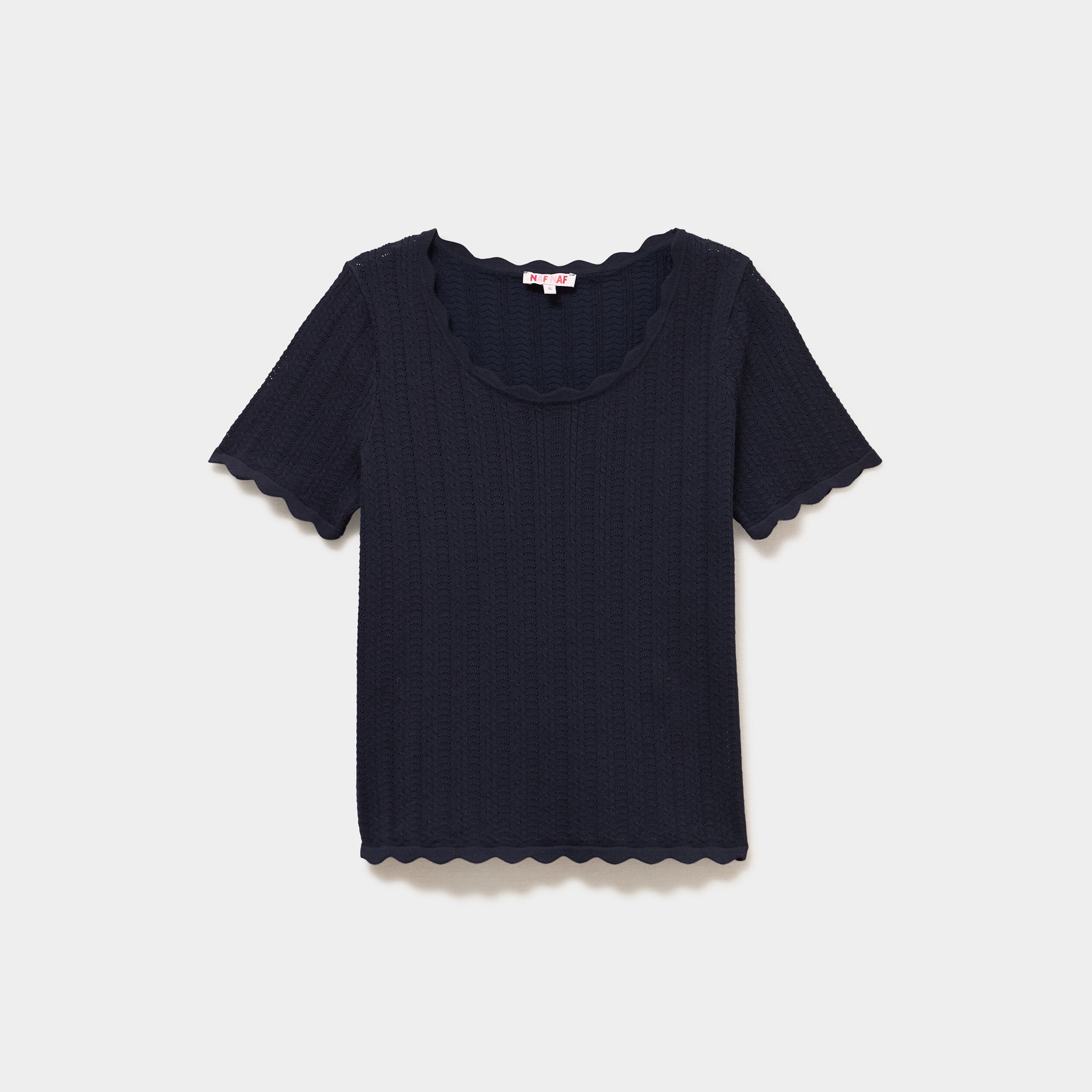 Pull ajour&eacute; col rond manches courtes bleu fonc&eacute; femme