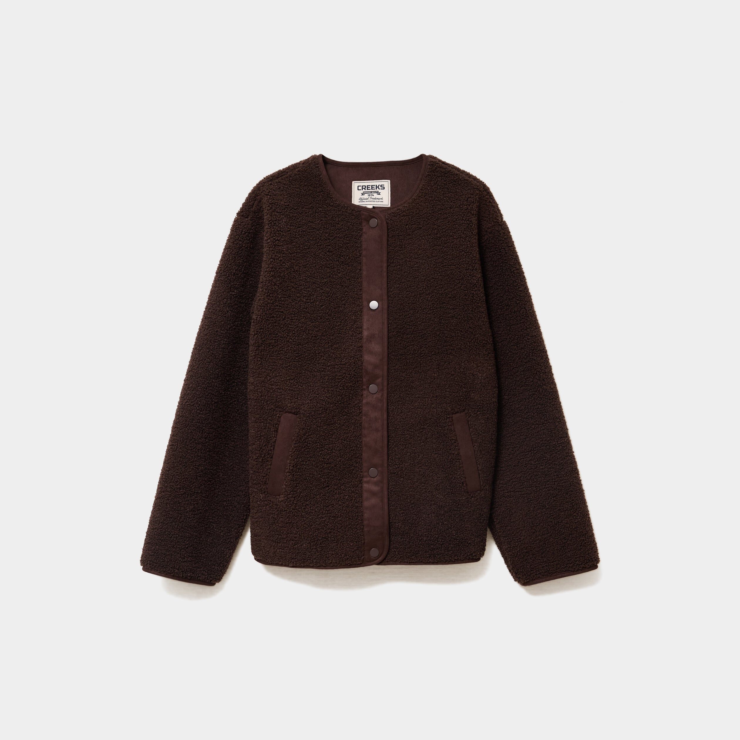 Veste effet polaire boutonn&eacute;e col rond marron fonc&eacute; femme