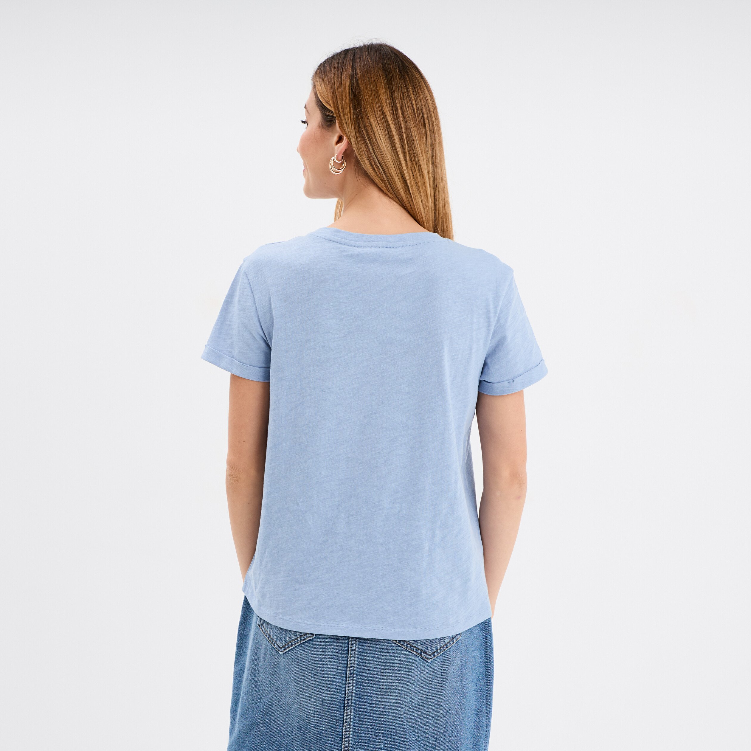 t shirt manches courtes coton denim baby bleu femme T-shirt manches courtes coton denim baby bleu femme
