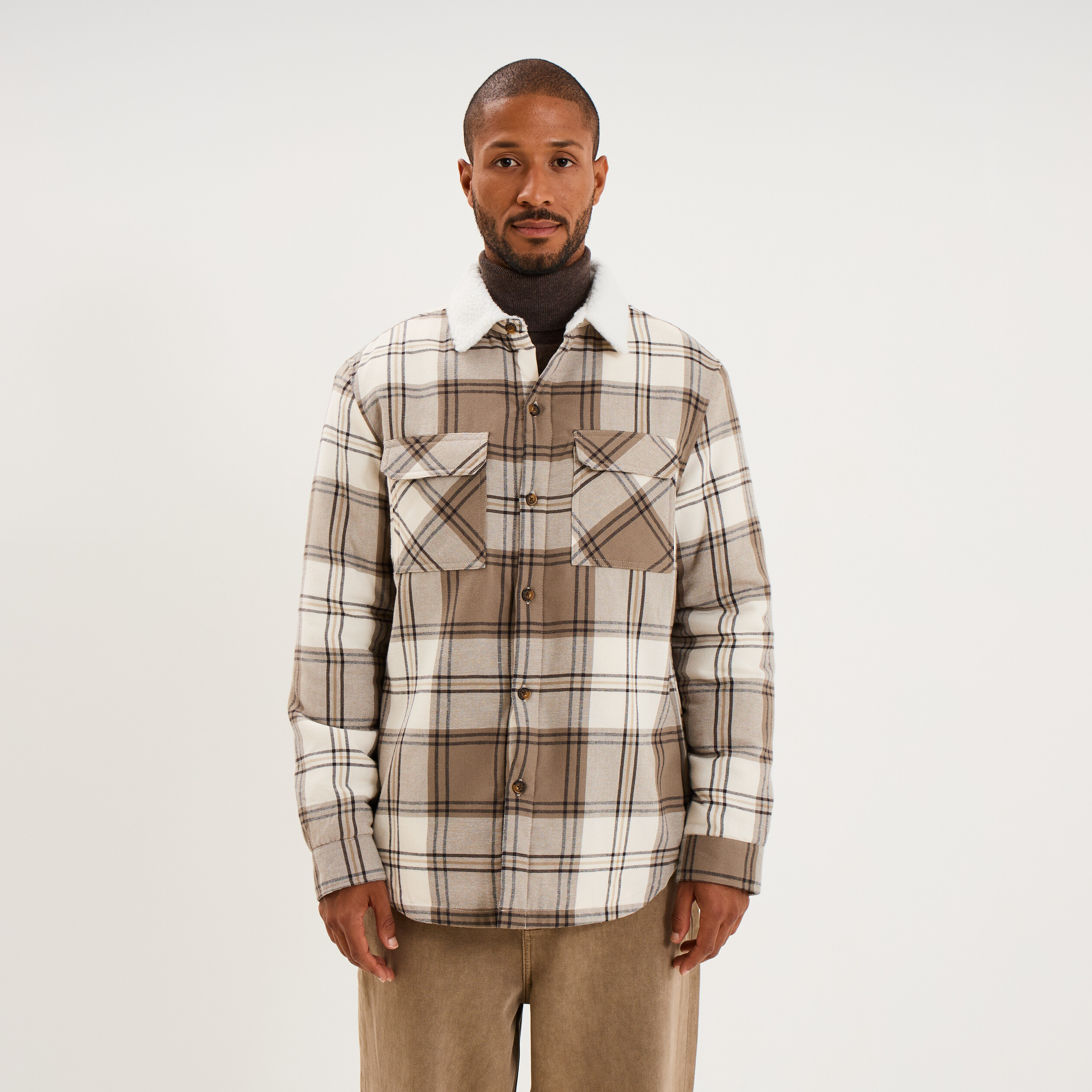 Surchemise carreaux doubl&eacute;e effet sherpa taupe homme