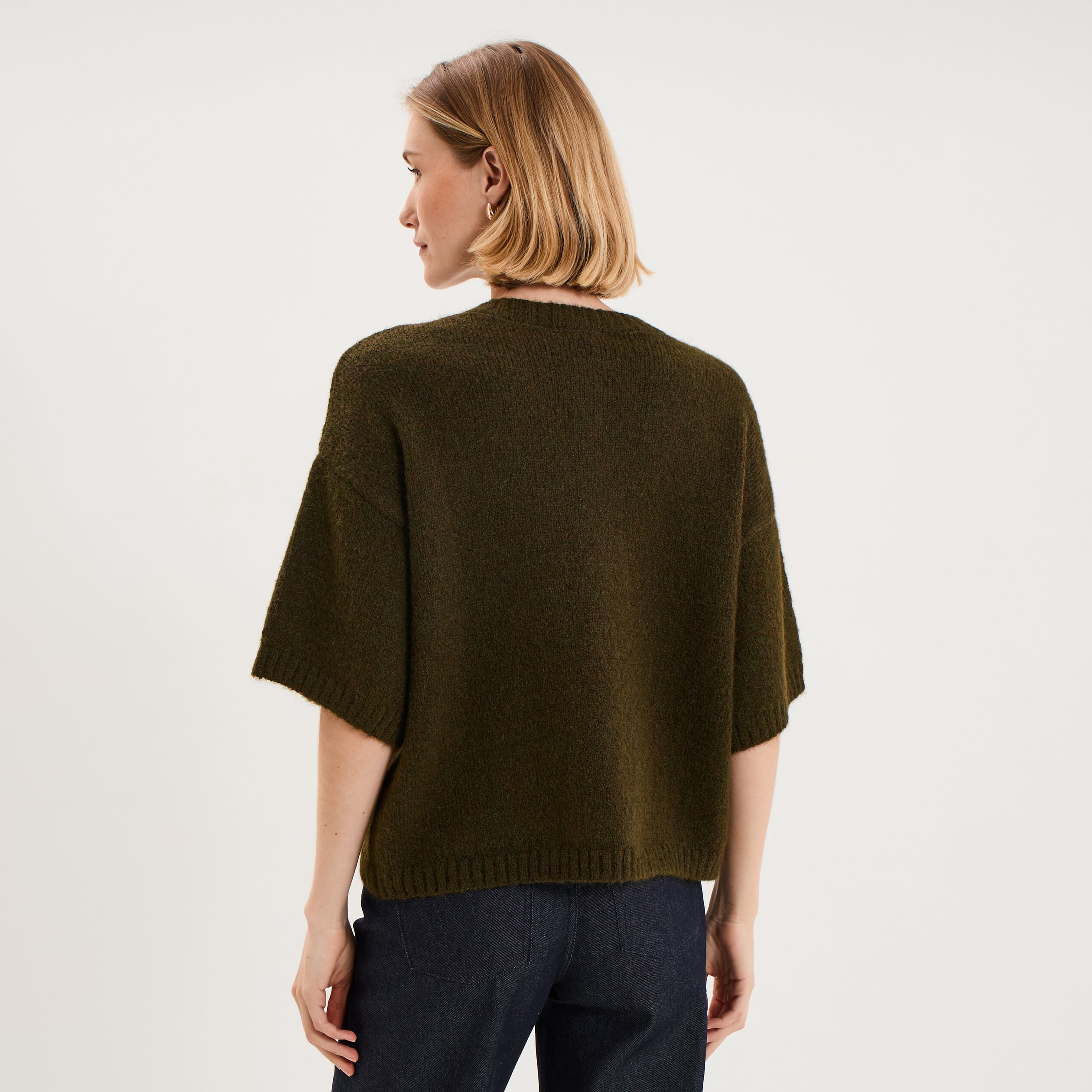 Gilet boutonn&eacute; manches courtes col rond vert kaki femme