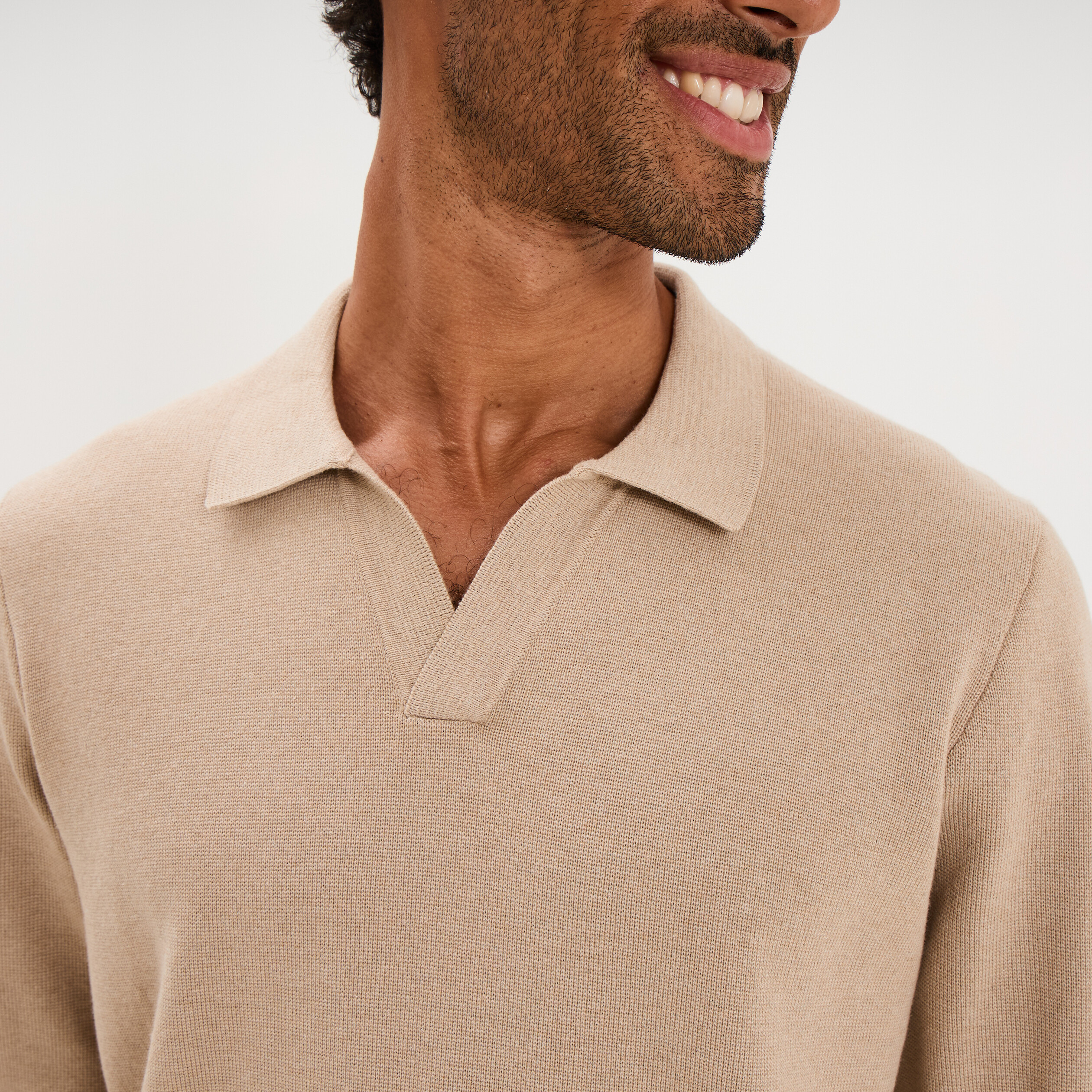 Pull col polo manches longues beige homme