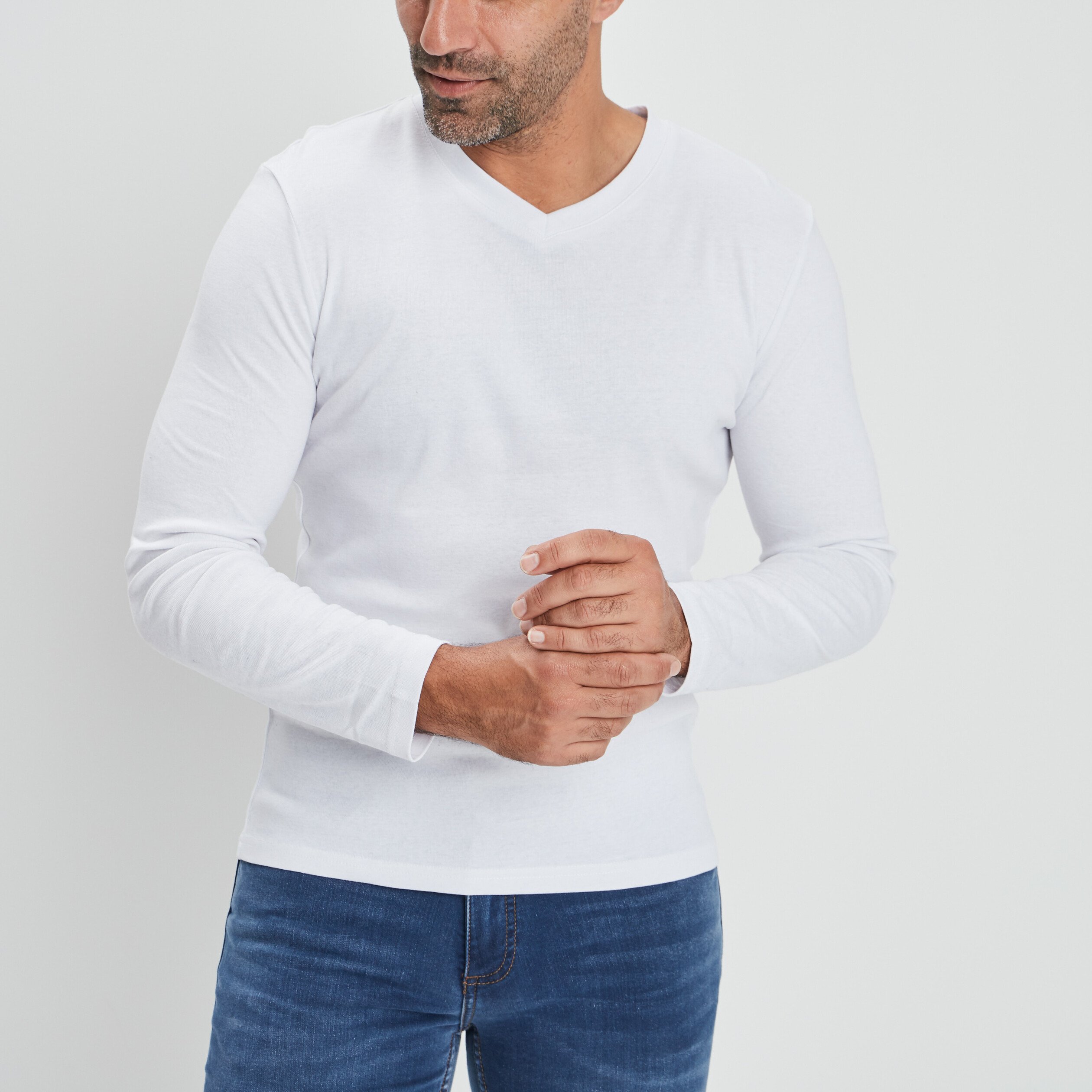 T-shirt manches longues col V blanc homme