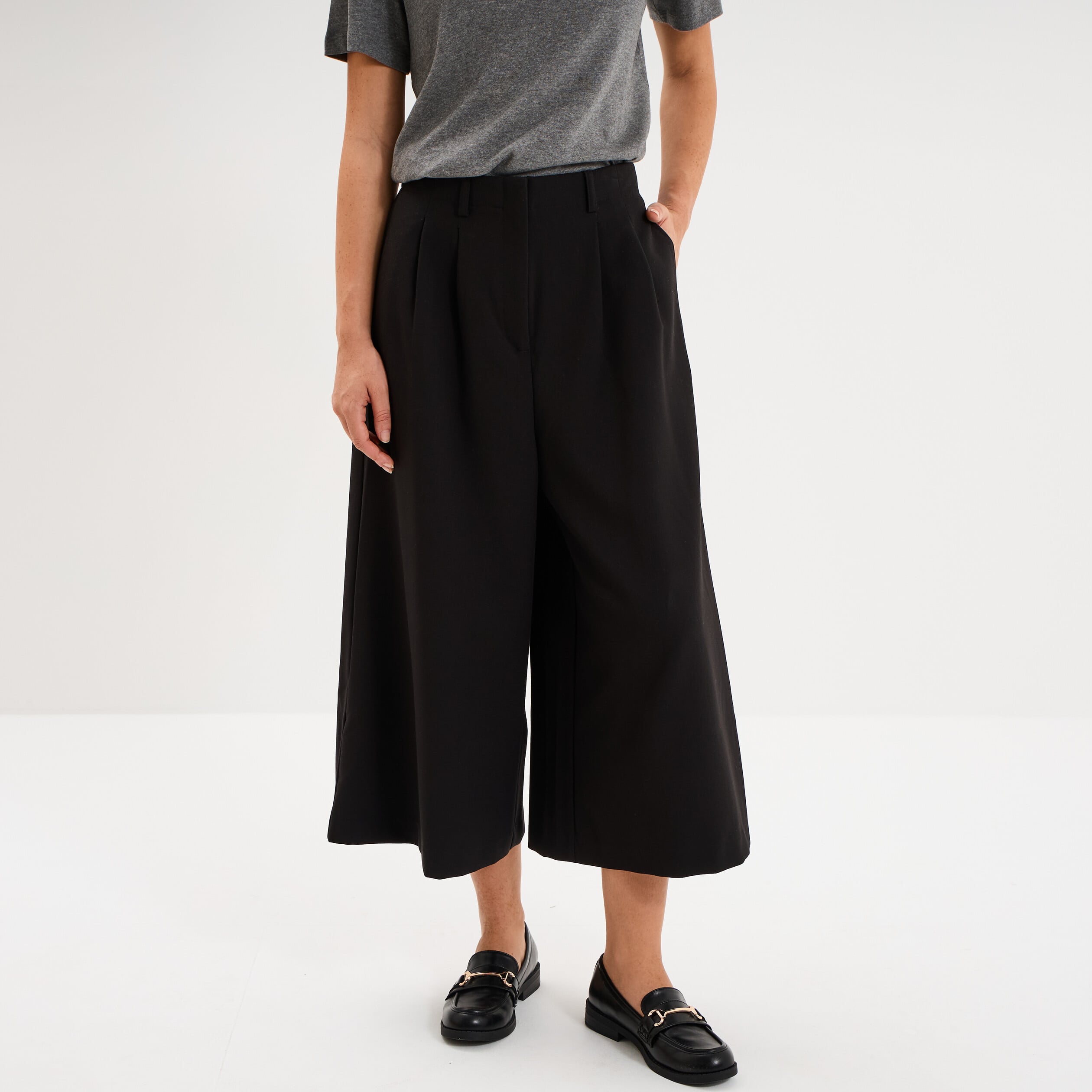 Pantalon culotte large taille haute noir femme