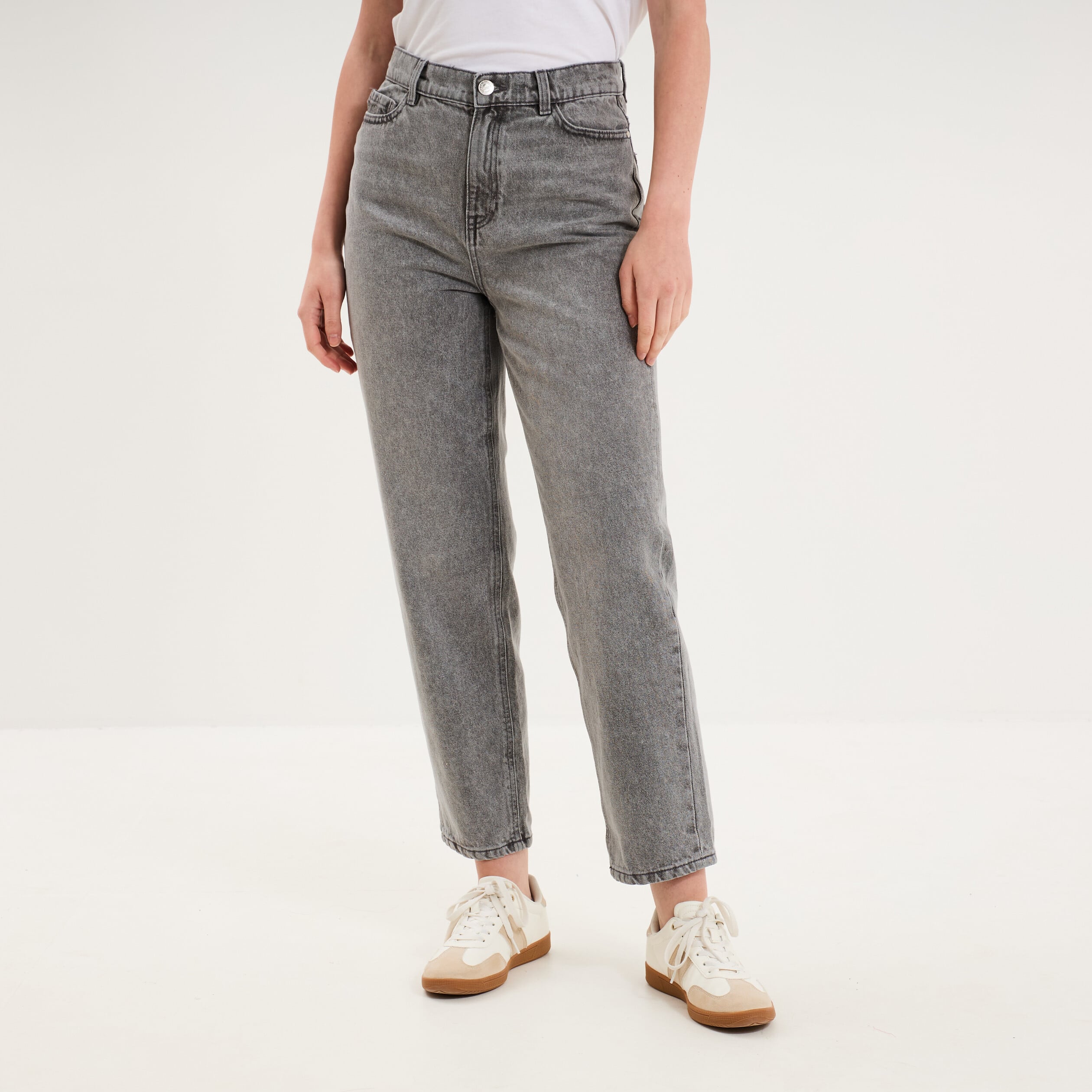 Jeans mom cropped taille haute denim gris clair femme
