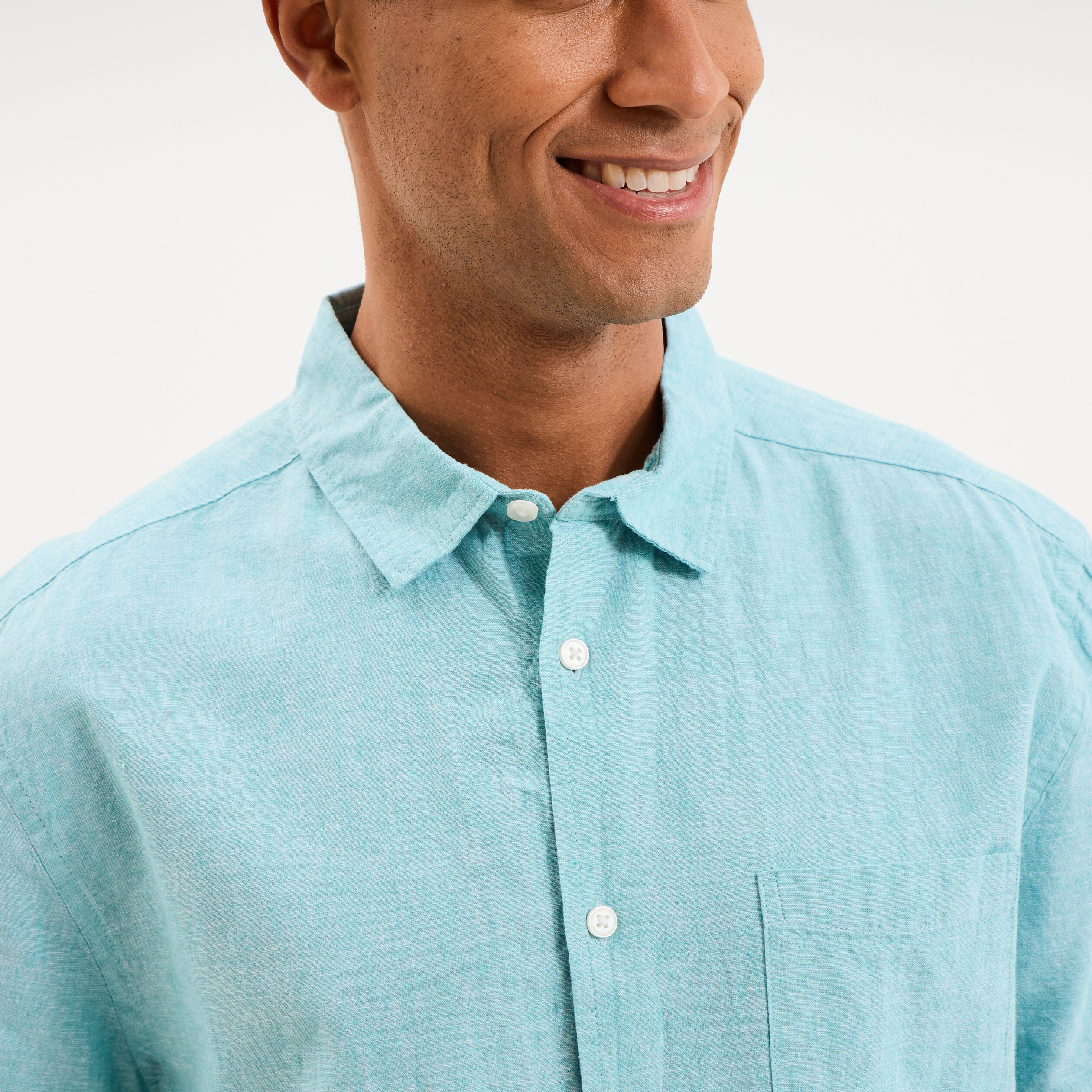 Chemise manches courtes lin m&eacute;lang&eacute; bleu turquoise homme