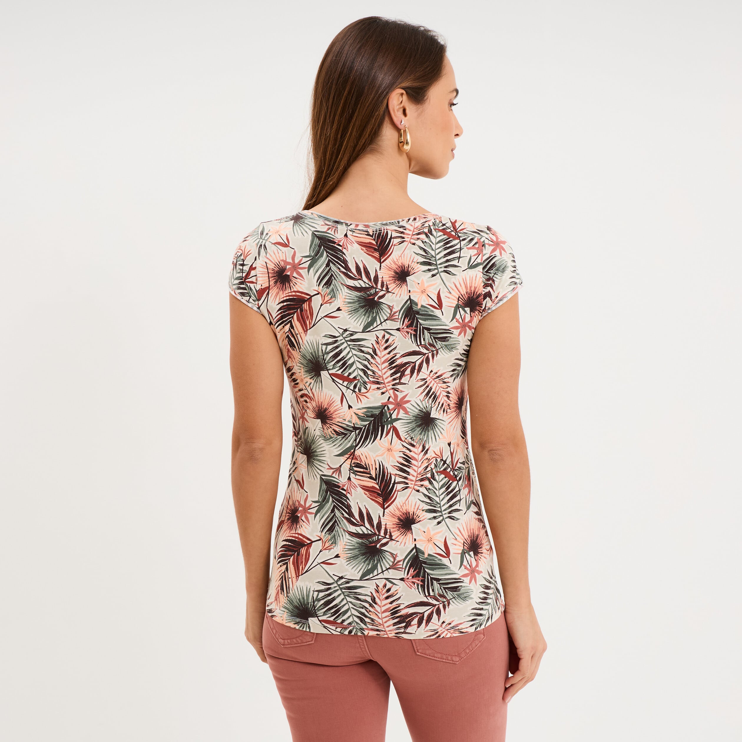 T-shirt col V droit manches courtes vert kaki femme