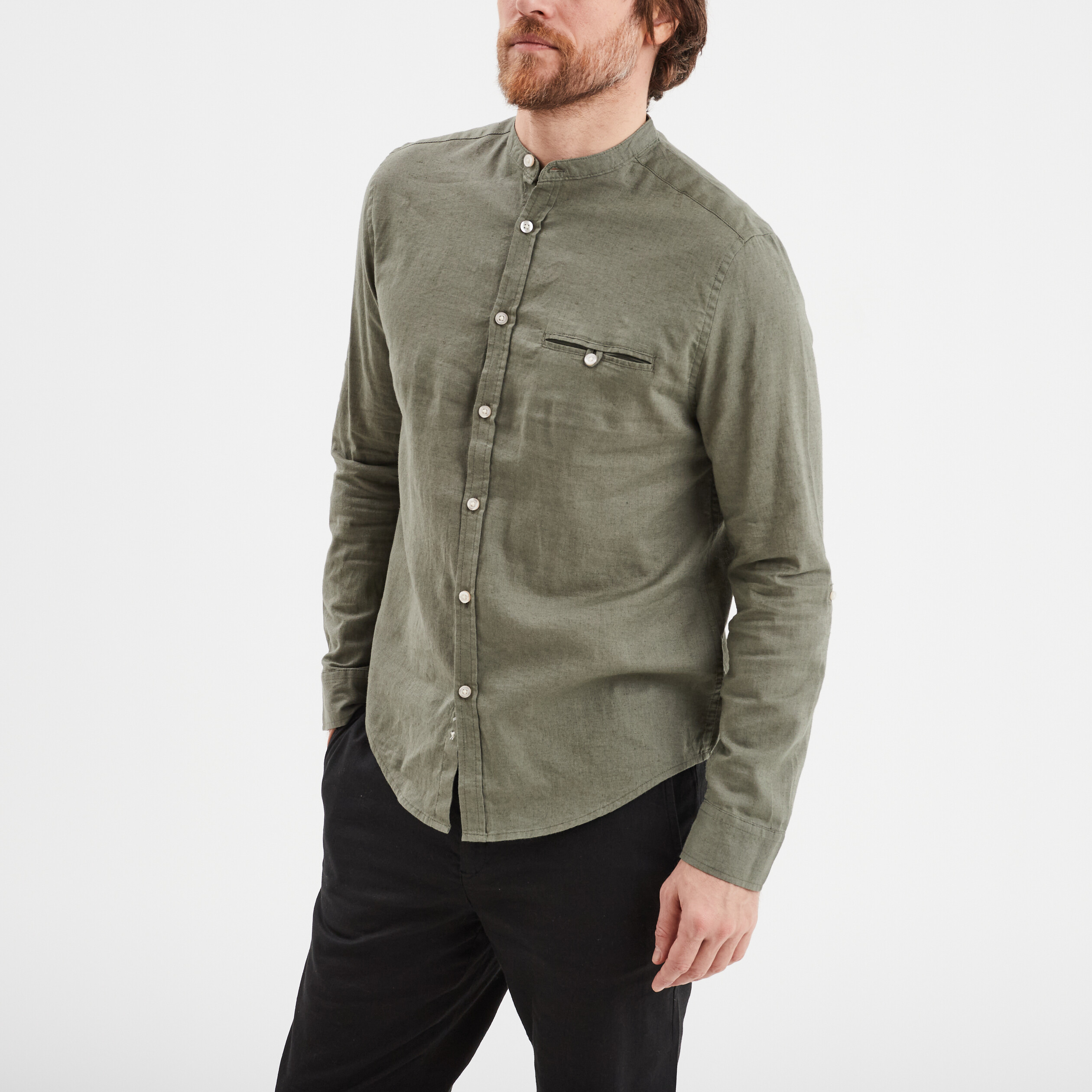 chemise col mao lin melange vert kaki homme Chemise col mao lin mélangé vert kaki homme