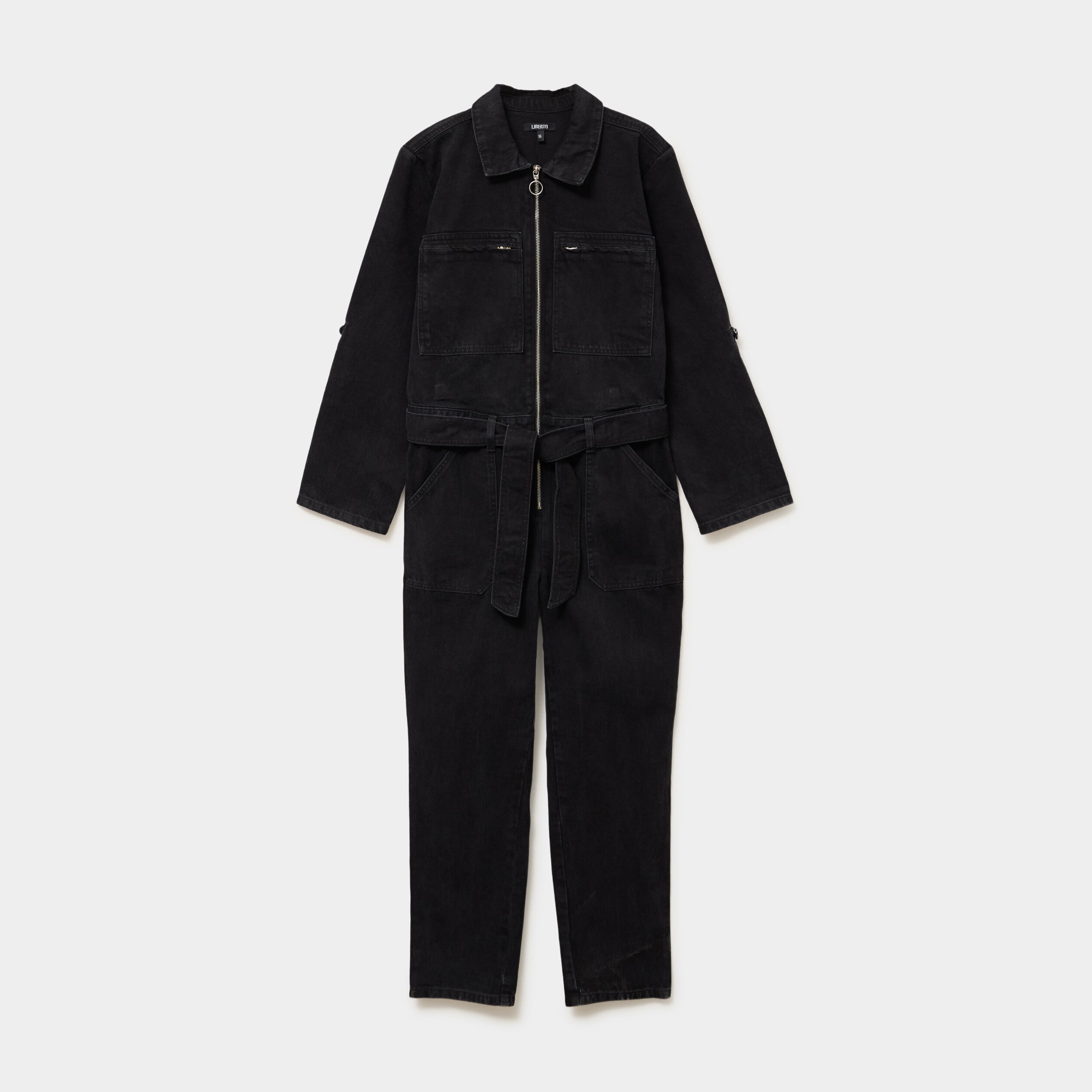 Combinaison pantalon en jean ceintur&eacute;e denim noir femme
