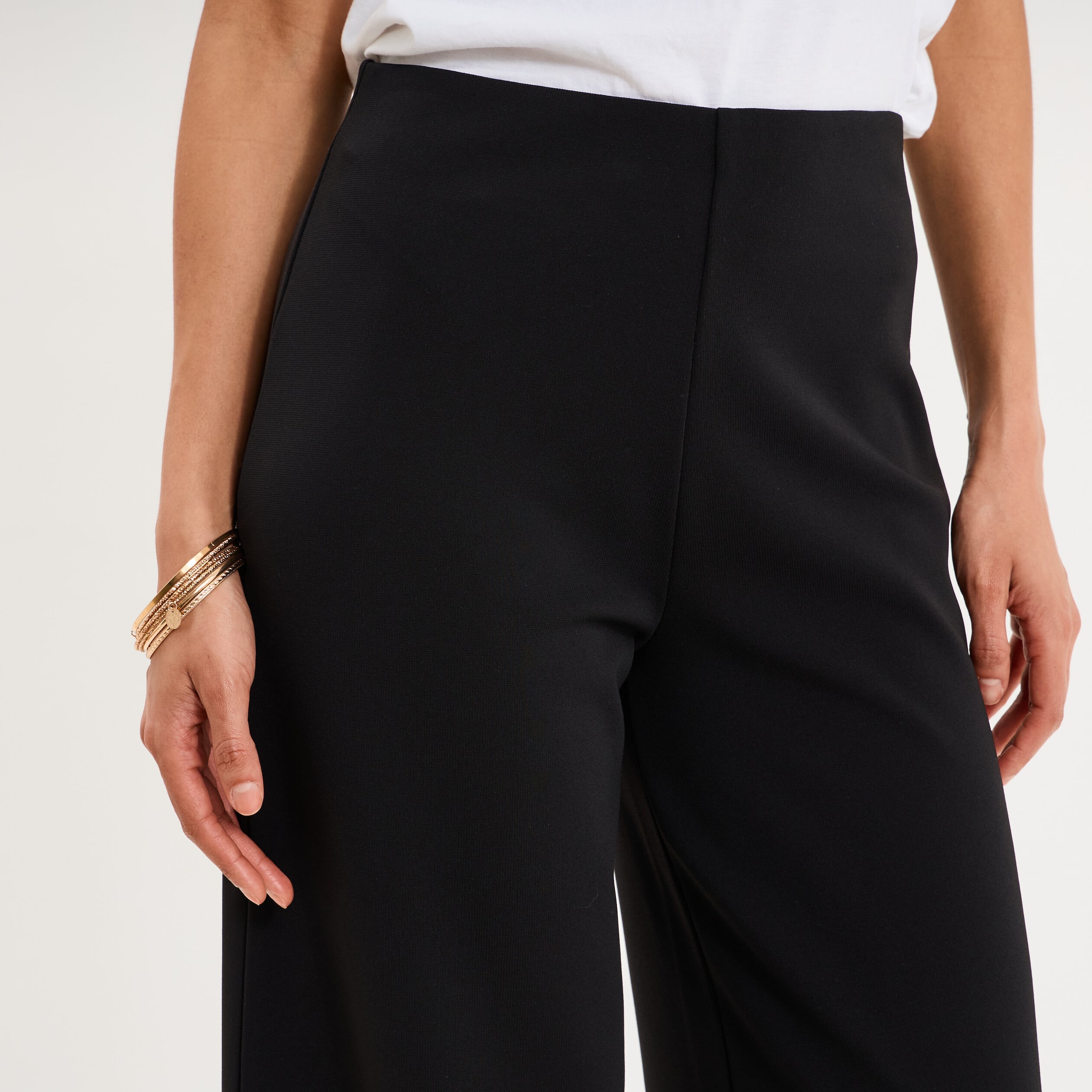 Pantalon large fluide taille haute noir femme