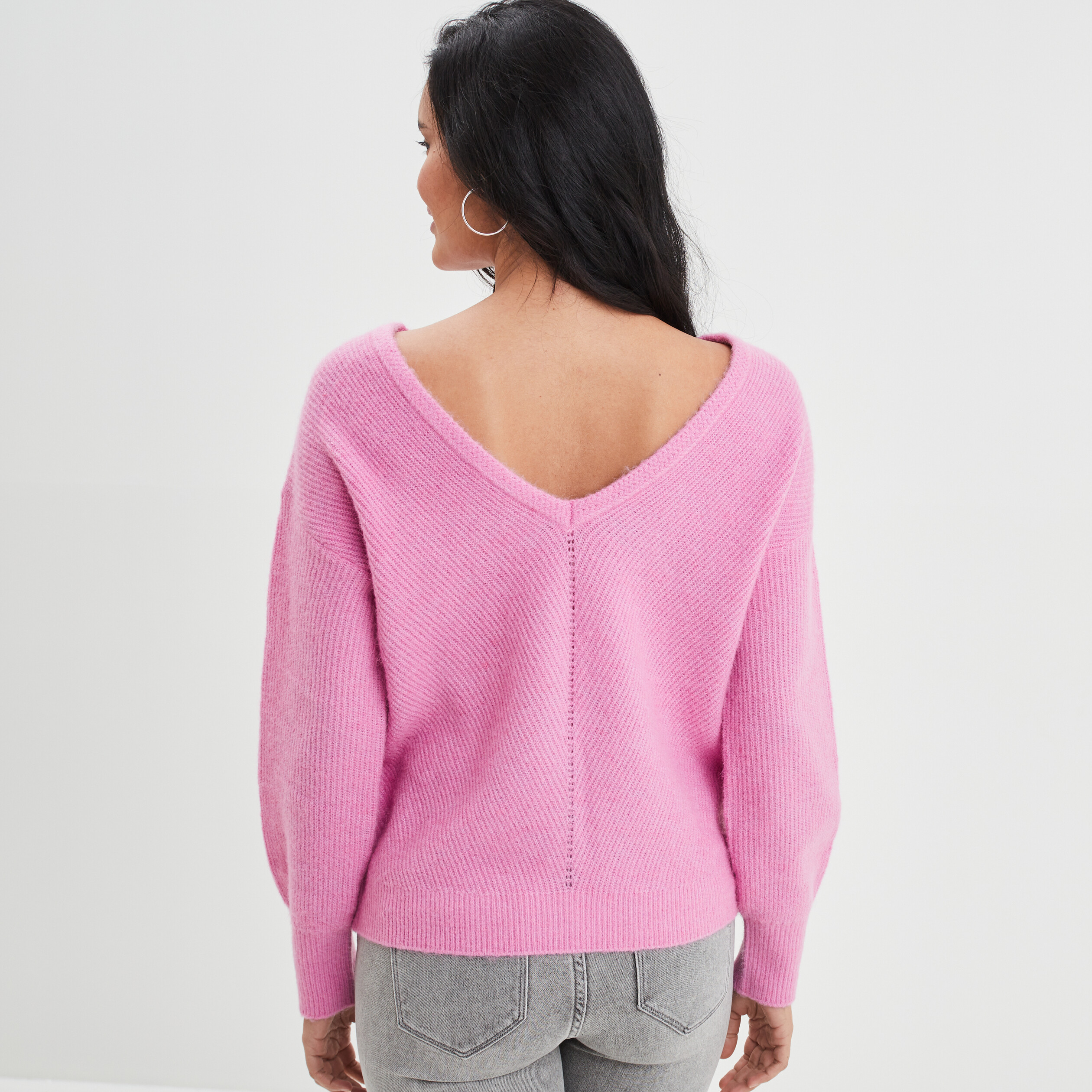 Pull réversible dos col en V rose femme
