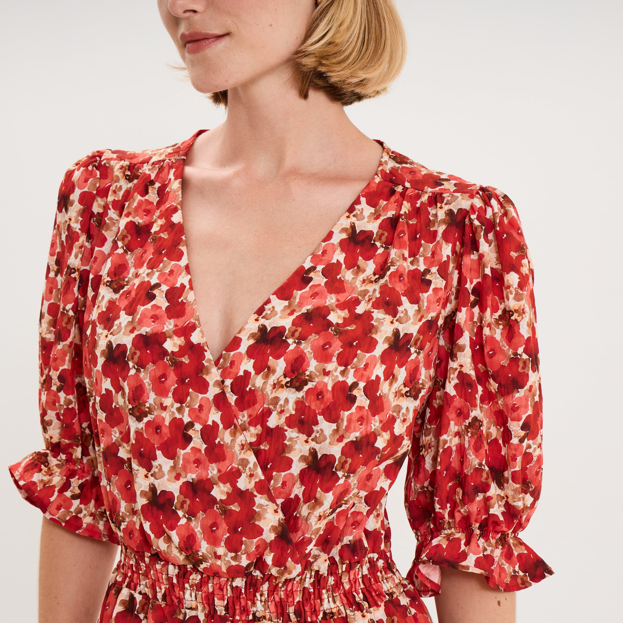Robe smock&eacute;e manches ballon col V rouge coquelicot femme