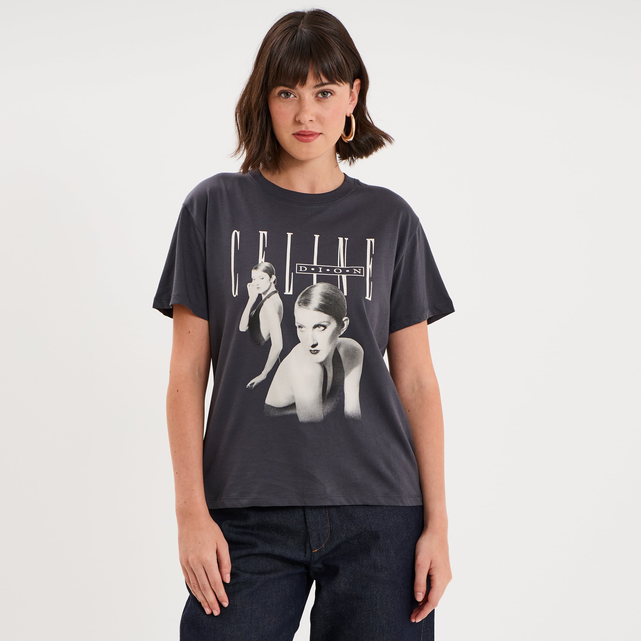 T-shirt droit coton C&eacute;line Dion gris fonc&eacute; femme
