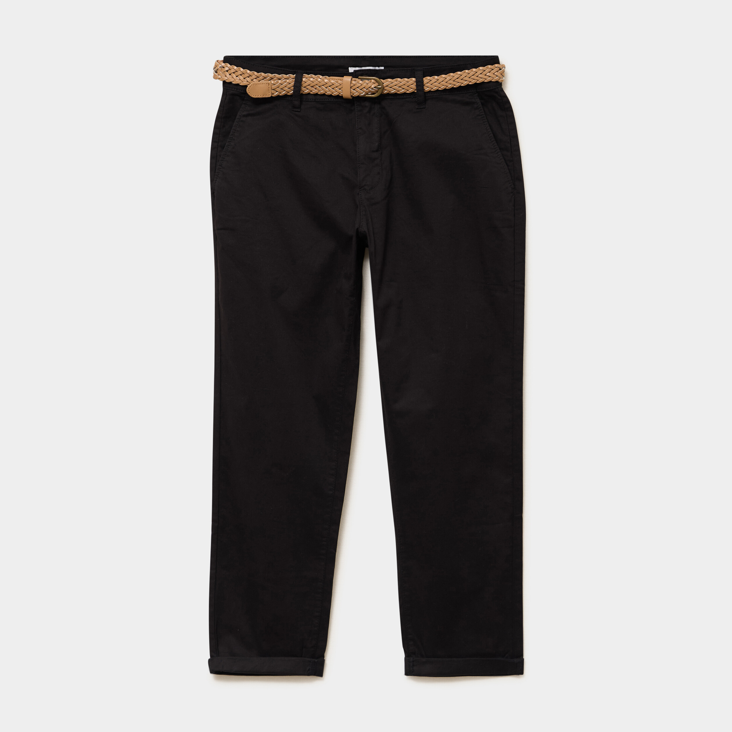 Pantalon chino 7/8&egrave;me ceinture tress&eacute;e noir femme