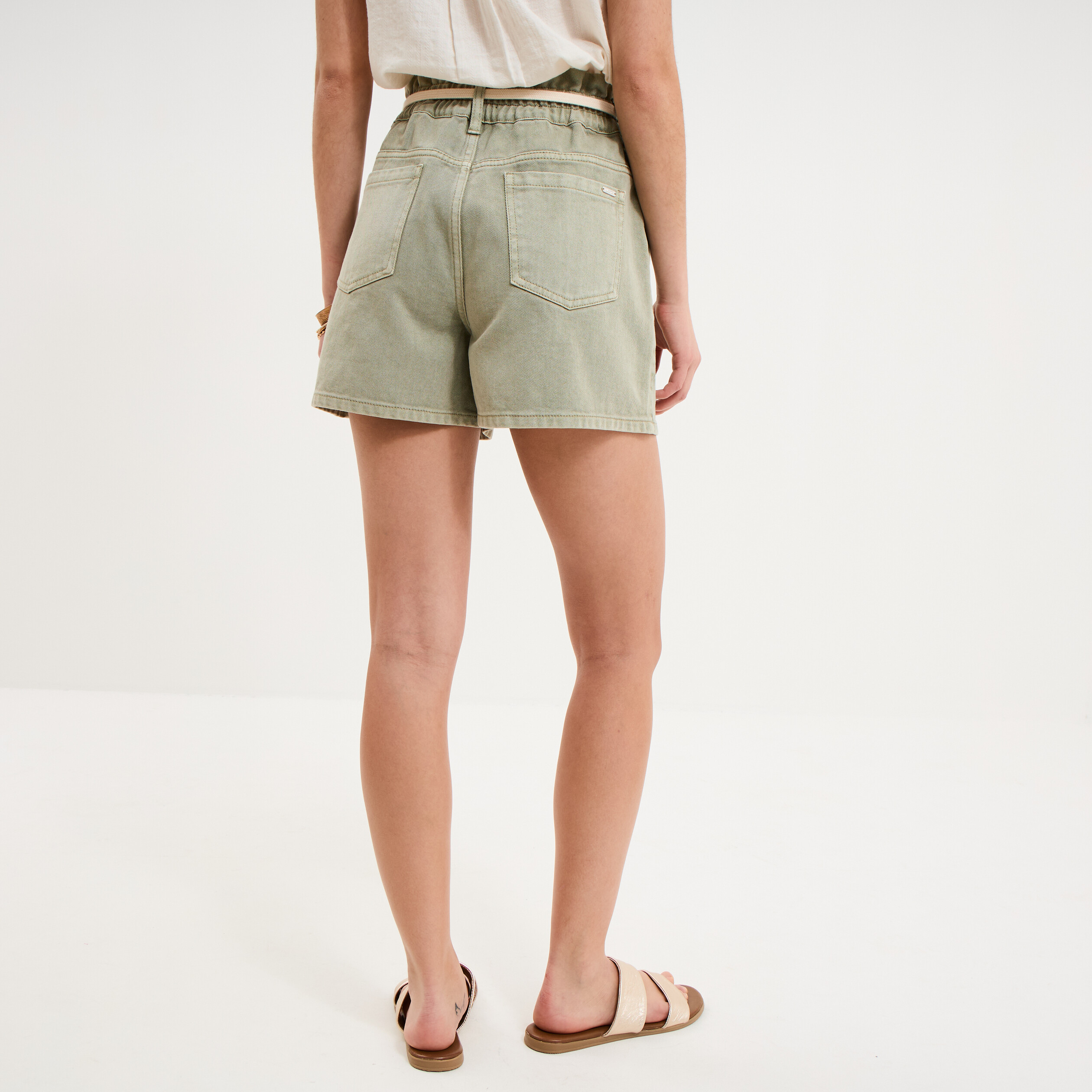 Short mom ceinture cordon coton vert kaki femme