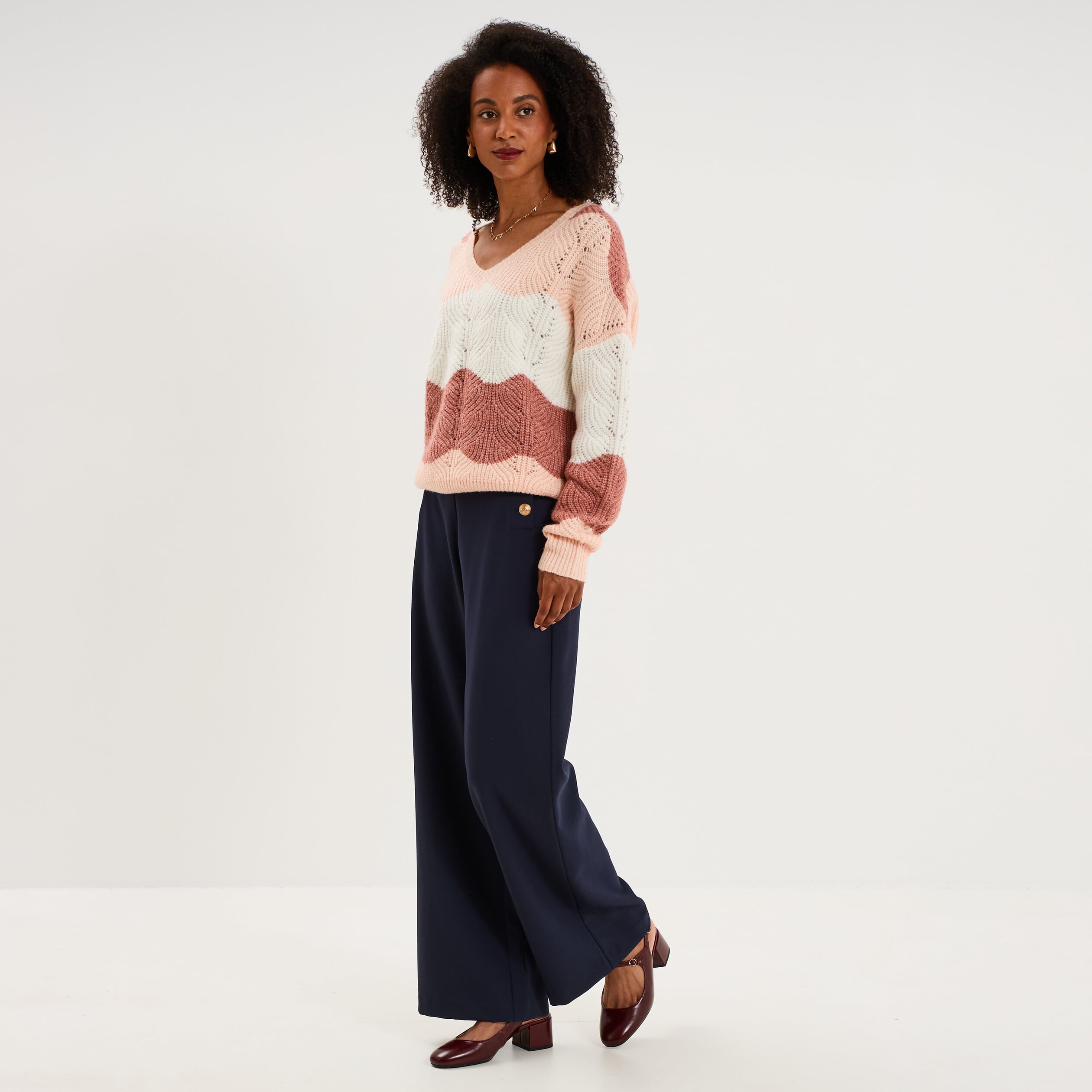 Pantalon wide leg &agrave; pont boutonn&eacute; bleu fonc&eacute; femme