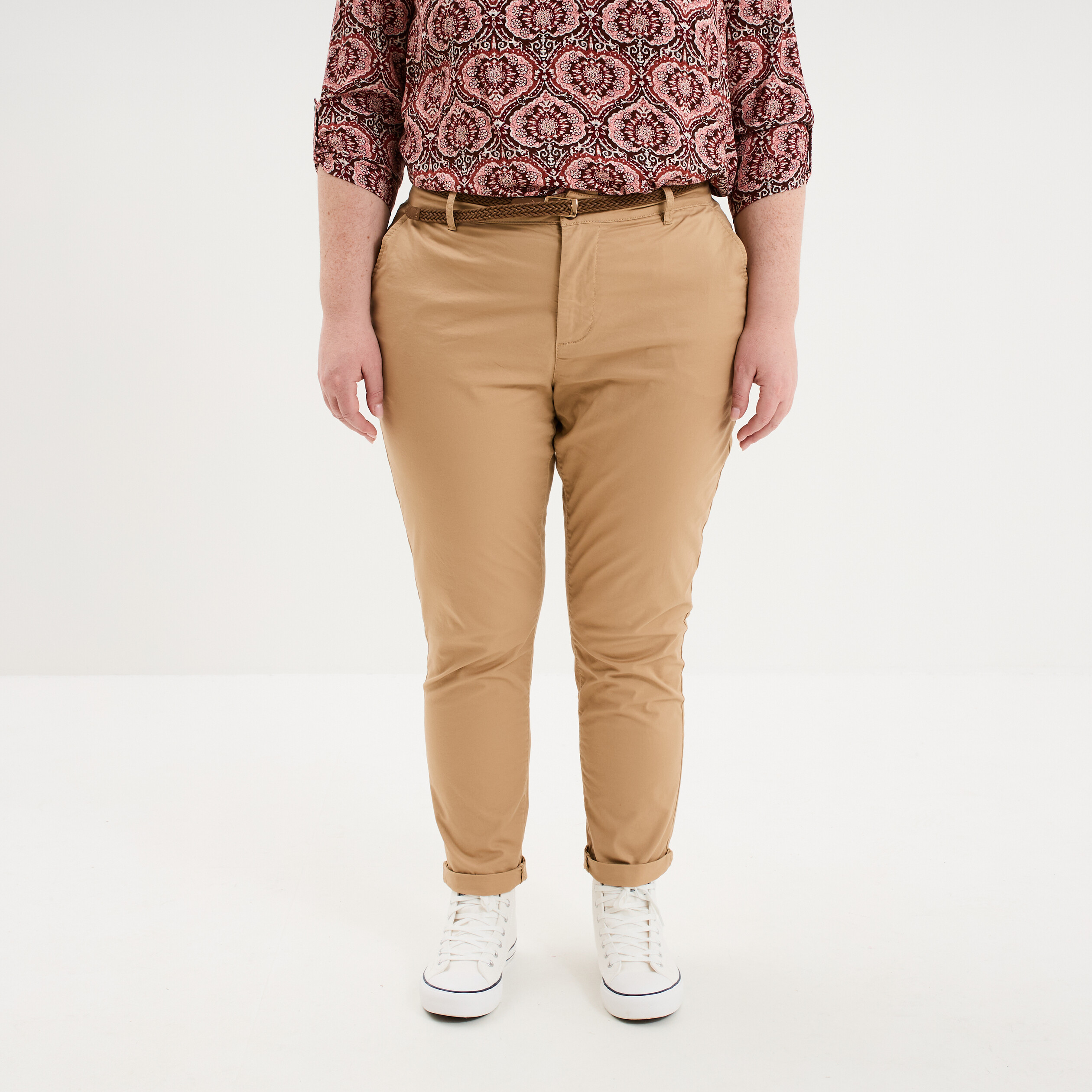 Pantalon chino taille haute coton beige femme grande taille