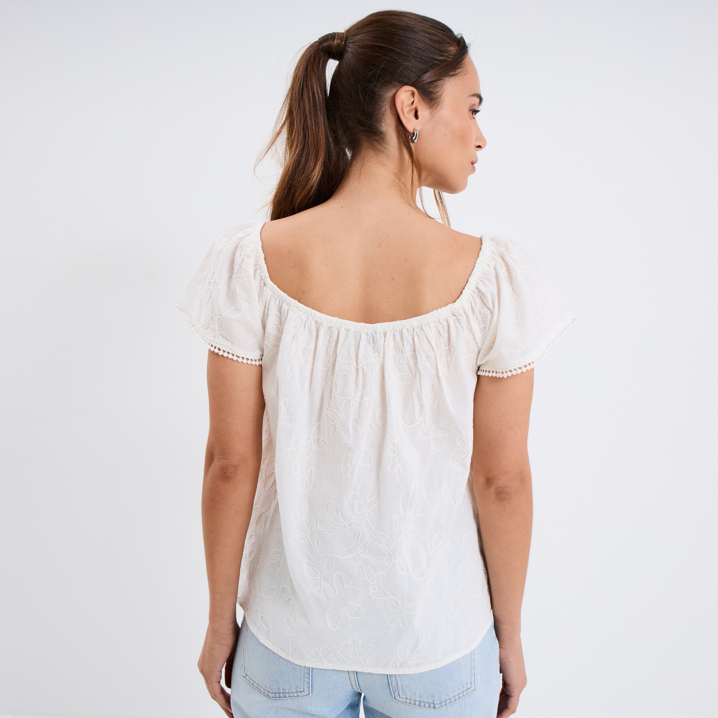Blouse brodée col bardot coton creme femme